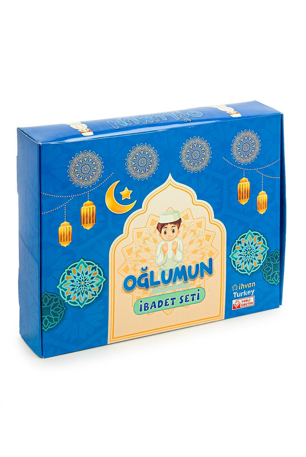 Oğlumun İbadet  Seti - Çocuk Seccade Seti - Namaza İlk Adım Set - Mavi