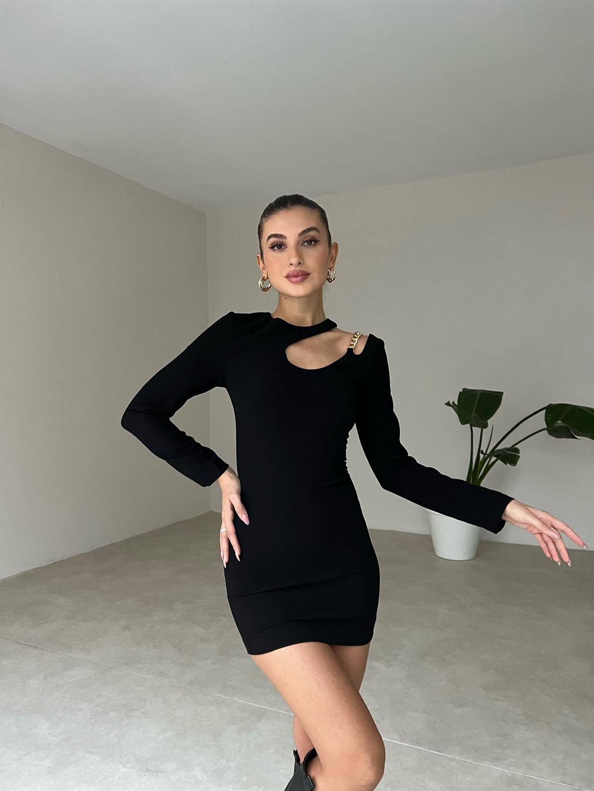 Zr model omuz detay aksesuar elbise - SİYAH