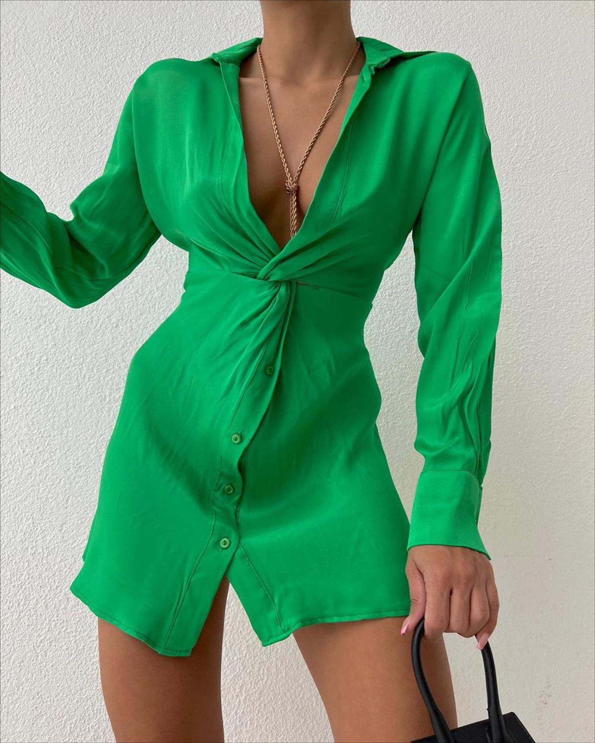 Zr model yaka ve düğme detay elbise - YEŞİL