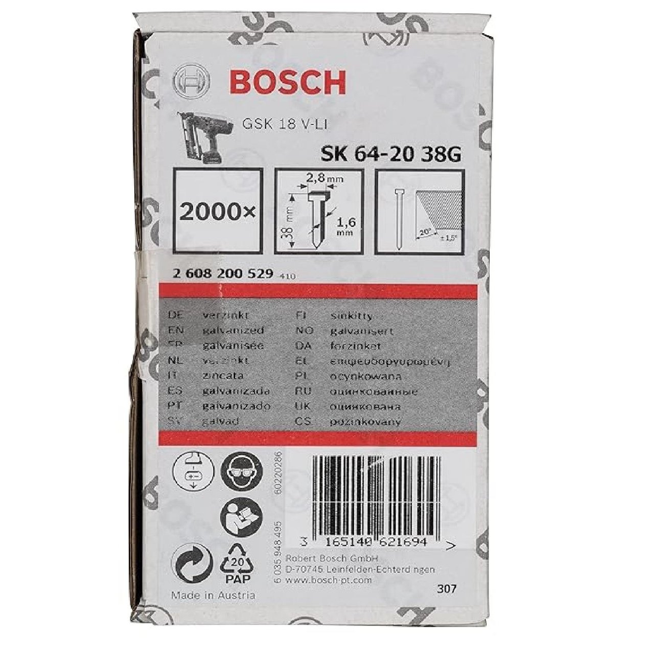 Bosch Başsız Çivi 20° 38 mm Galvanizli 2000li - 2608200529