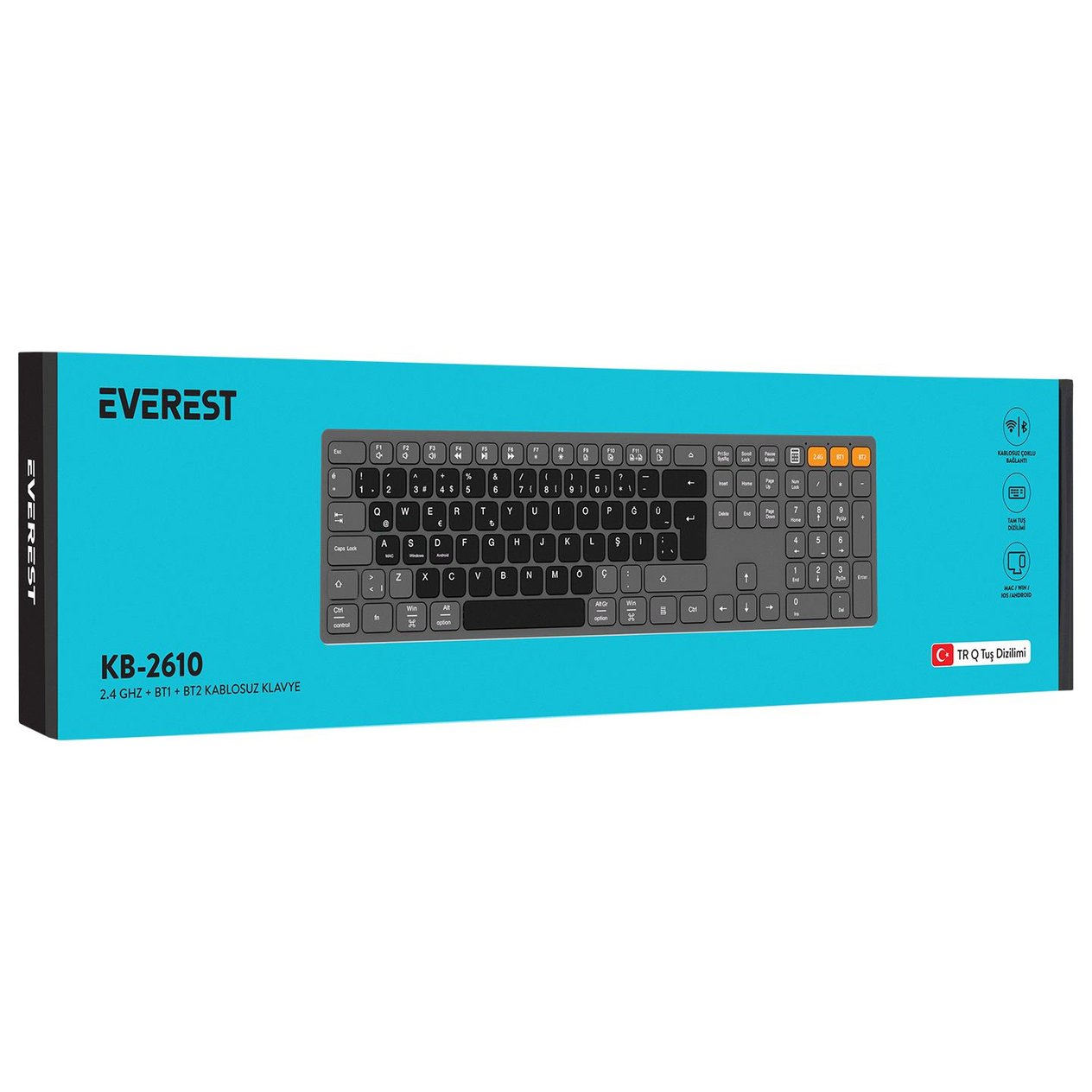 Everest KB-2610 Siyah/Gri 2.4G+BT1+BT2 üçü bir arada 3 in 1 Q Kablosuz klavye - 37646