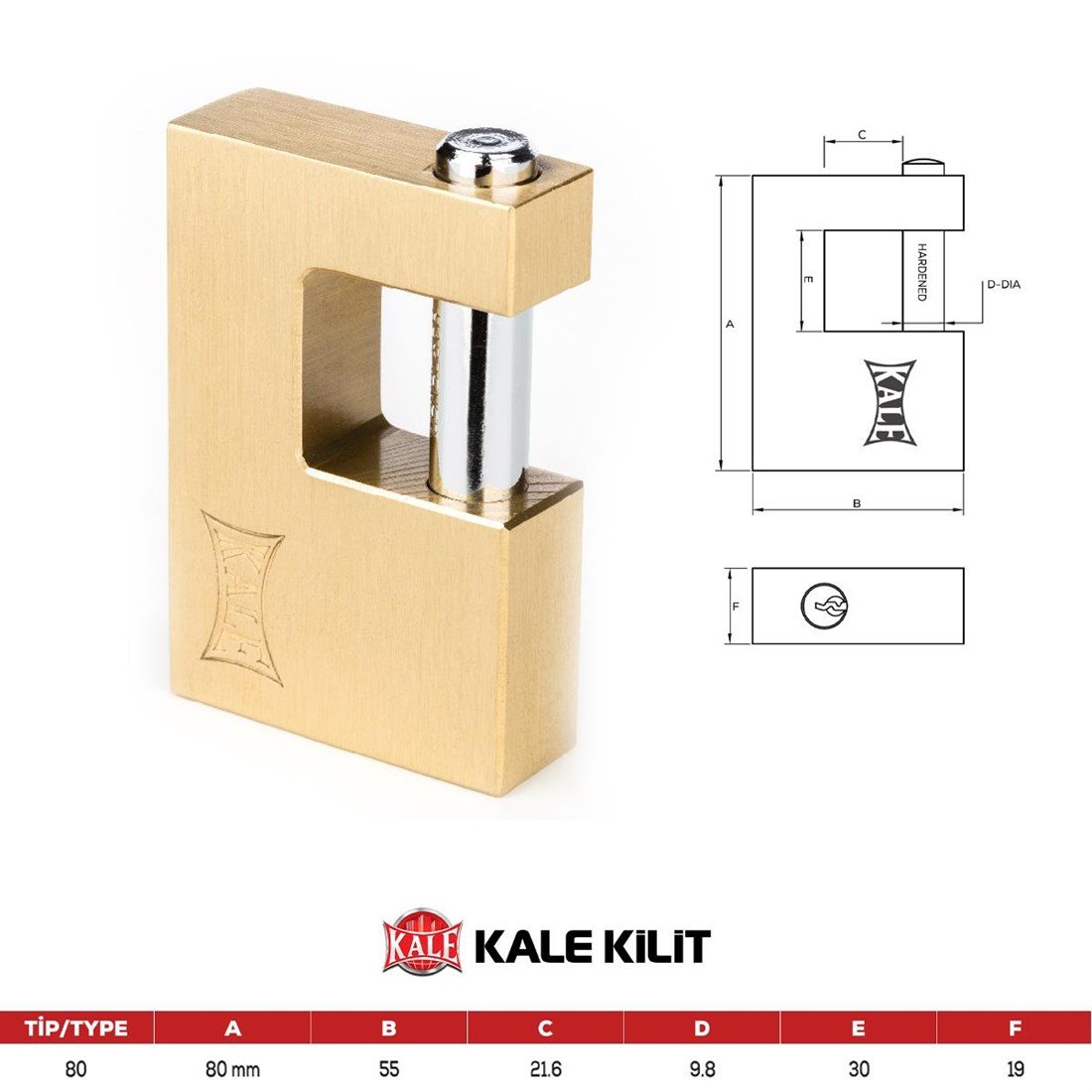 Kale Kayar Mill Pirinç Asma Kilit (Sarı) 80 mm  KD001/50-280