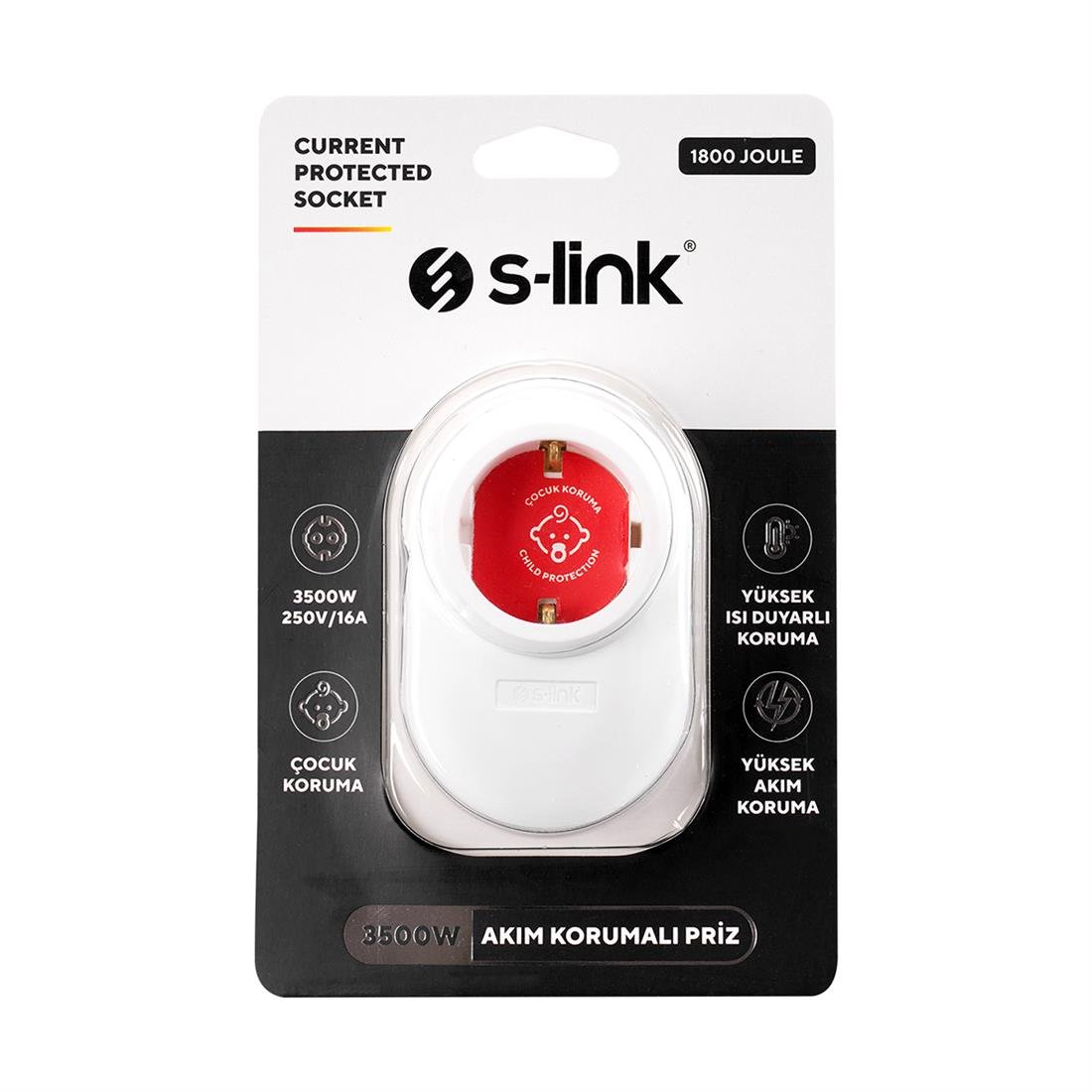 S-link SL-08 16A 3500W 1800 Joule Isıya Duyarlı Devre ve Akım Korumalı Tekli Priz - 37248