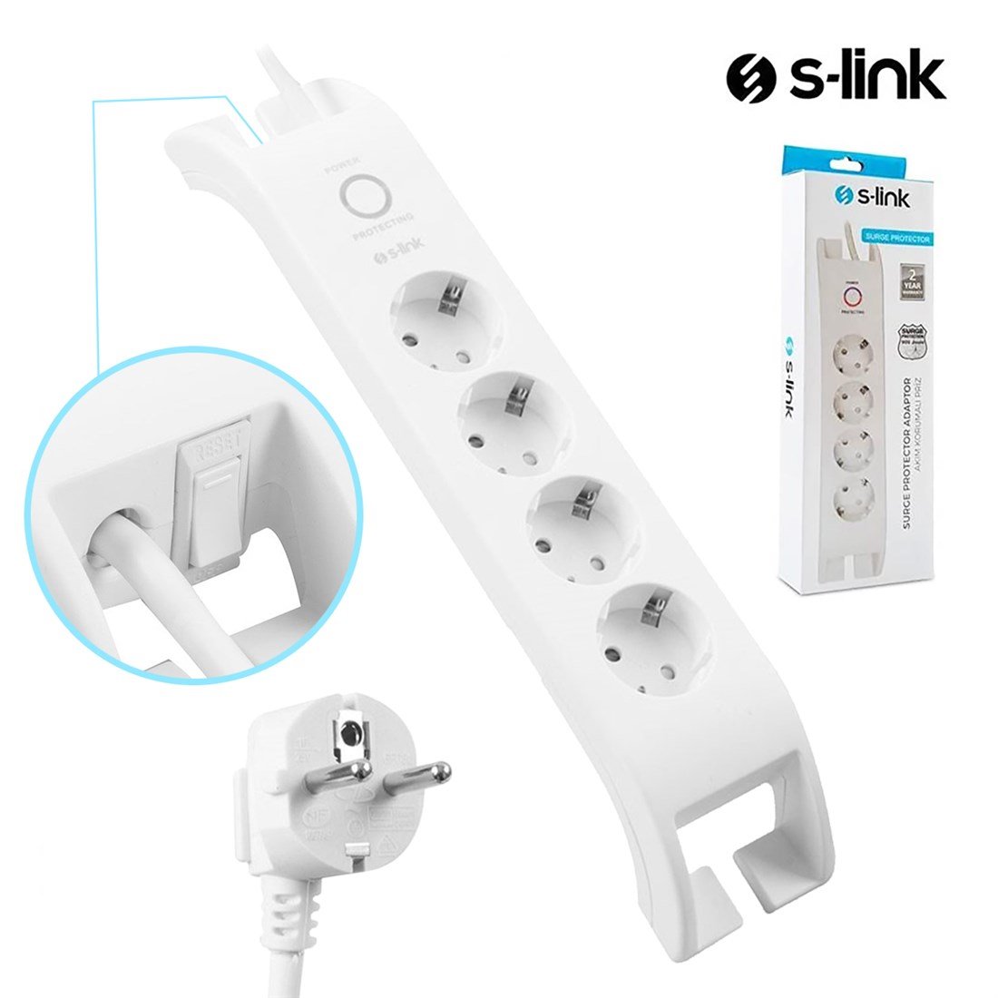 S-link SPG3040 2m 3G1.5mm2 900 Joule 4'lü Akım Korumalı Beyaz Priz 30481