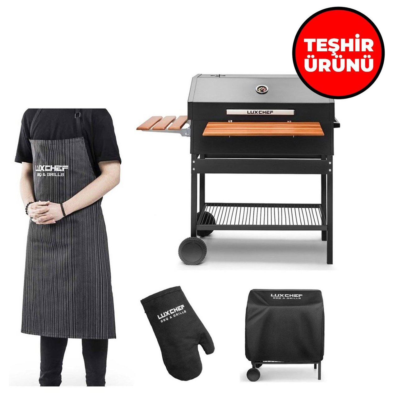 TEŞHİR Luxchef LC80 Barbekü Mangal+Kılıf+Önlük+BBQ Eldiveni