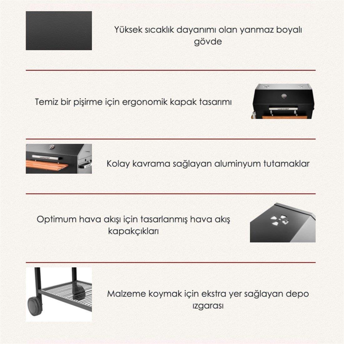 TEŞHİR Luxchef LC80 Barbekü Mangal+Kılıf+Önlük+BBQ Eldiveni