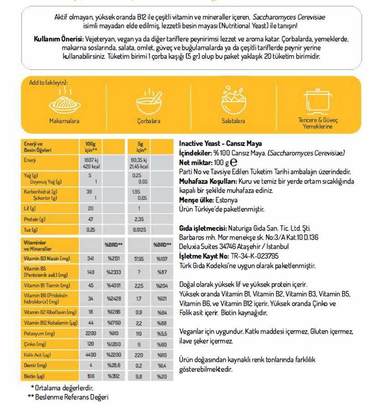 Naturiga Nutritional Yeast Besin Mayası 100gGlutensiz Ürünler