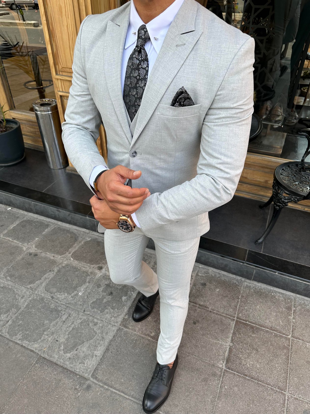 Gri Slim Fit Yelekli Takım Elbise HT1004