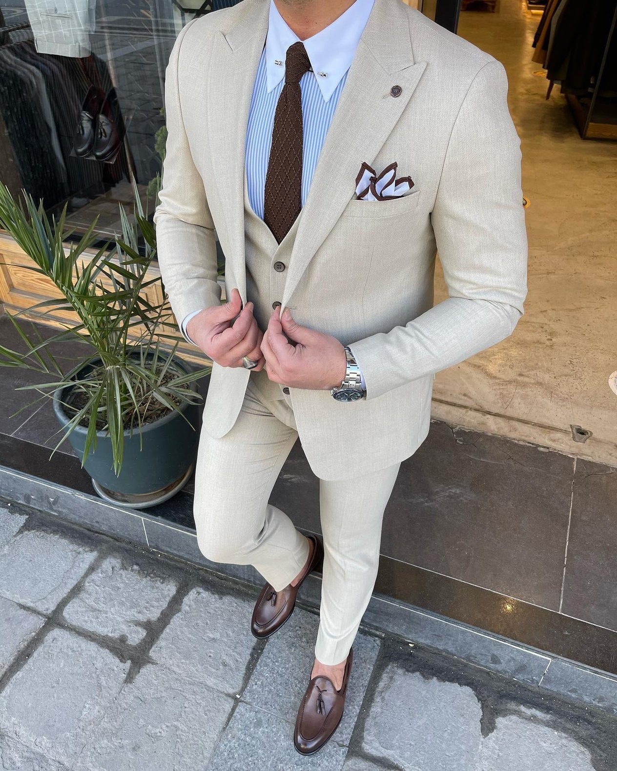 Krem Slim Fit Yelekli Takım Elbise HT1017