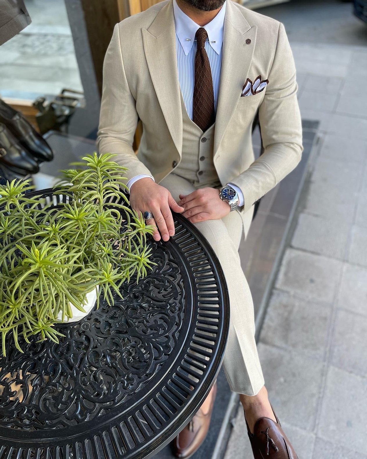 Krem Slim Fit Yelekli Takım Elbise HT1017