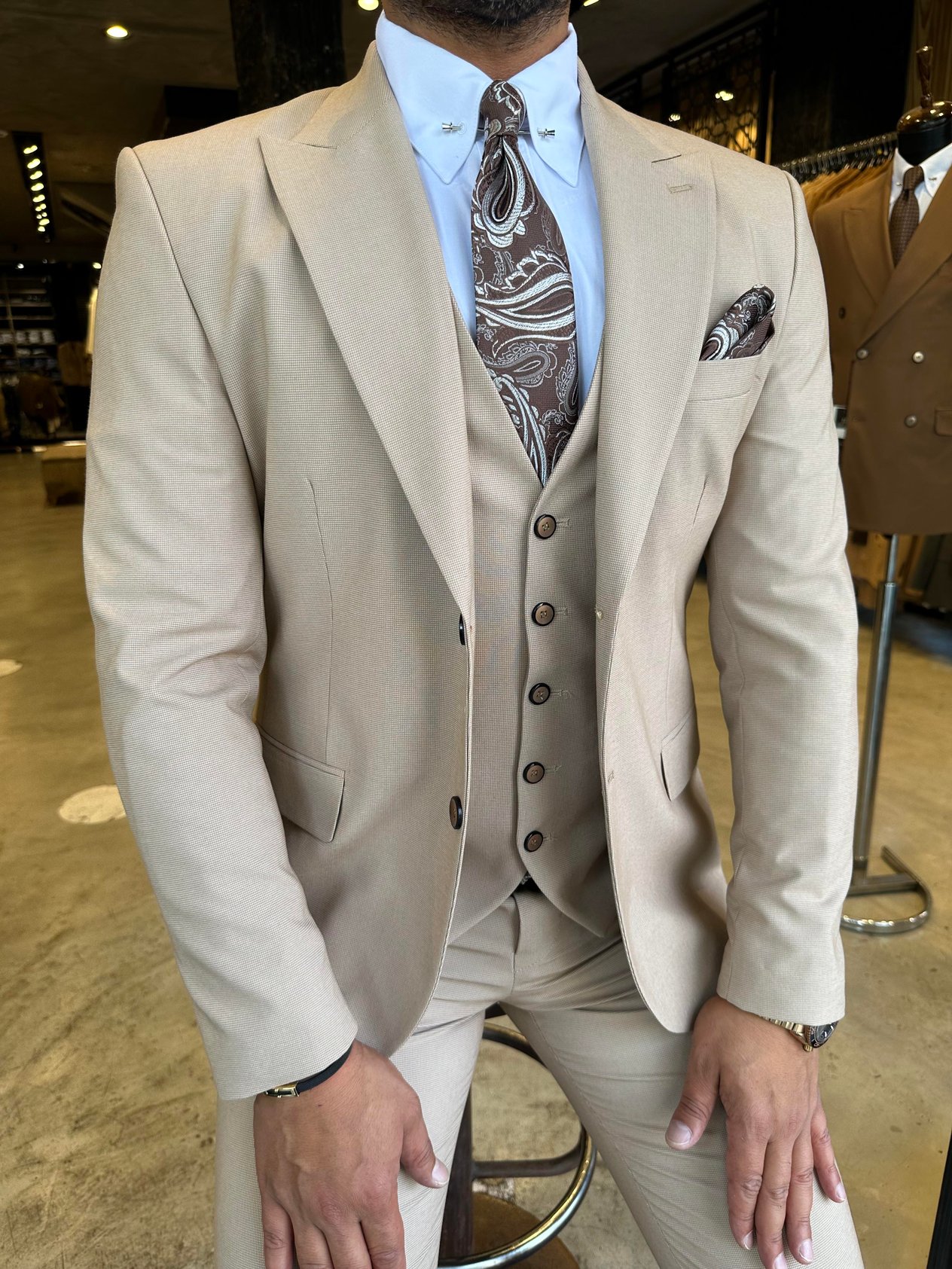 Krem Slim Fit Yelekli Takım Elbise HT1008