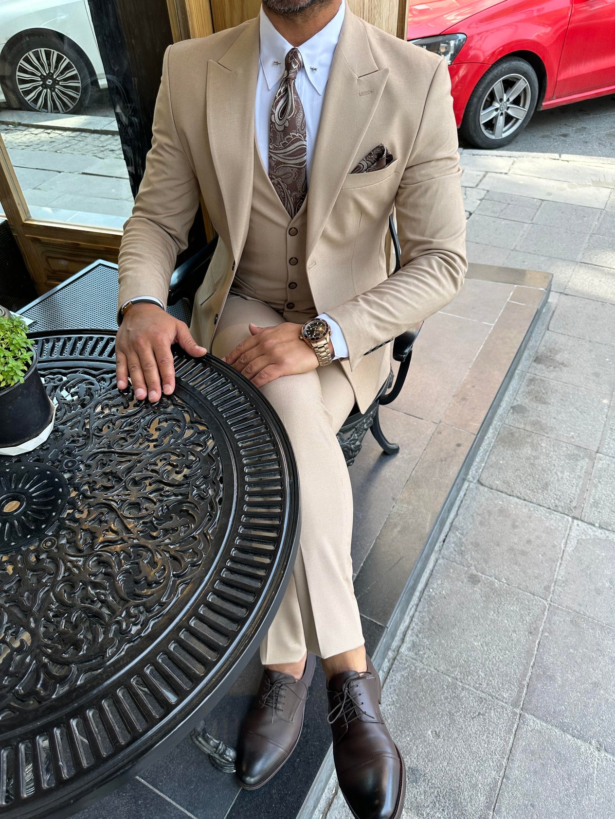 Krem Slim Fit Yelekli Takım Elbise HT1008