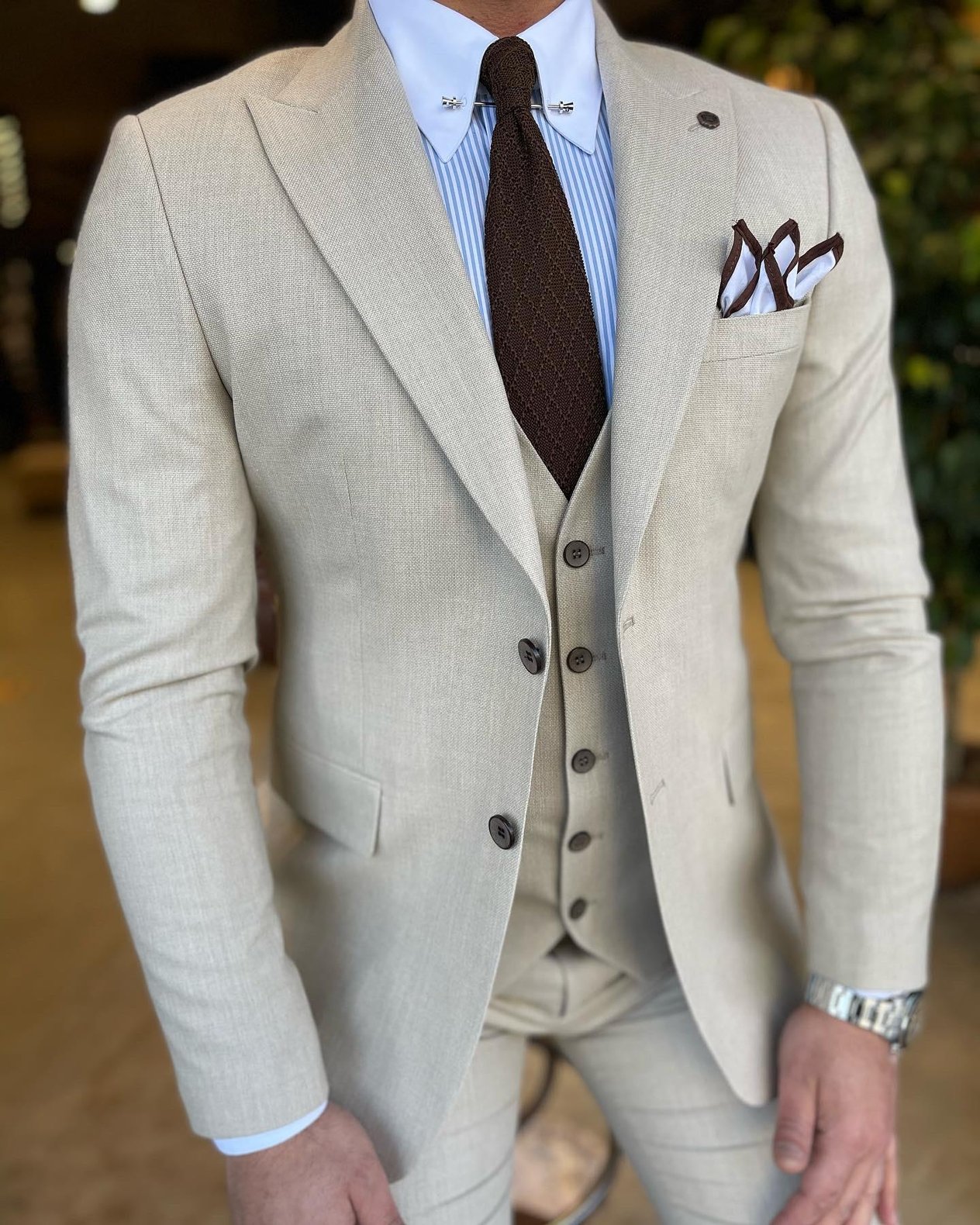 Krem Slim Fit Yelekli Takım Elbise HT1017