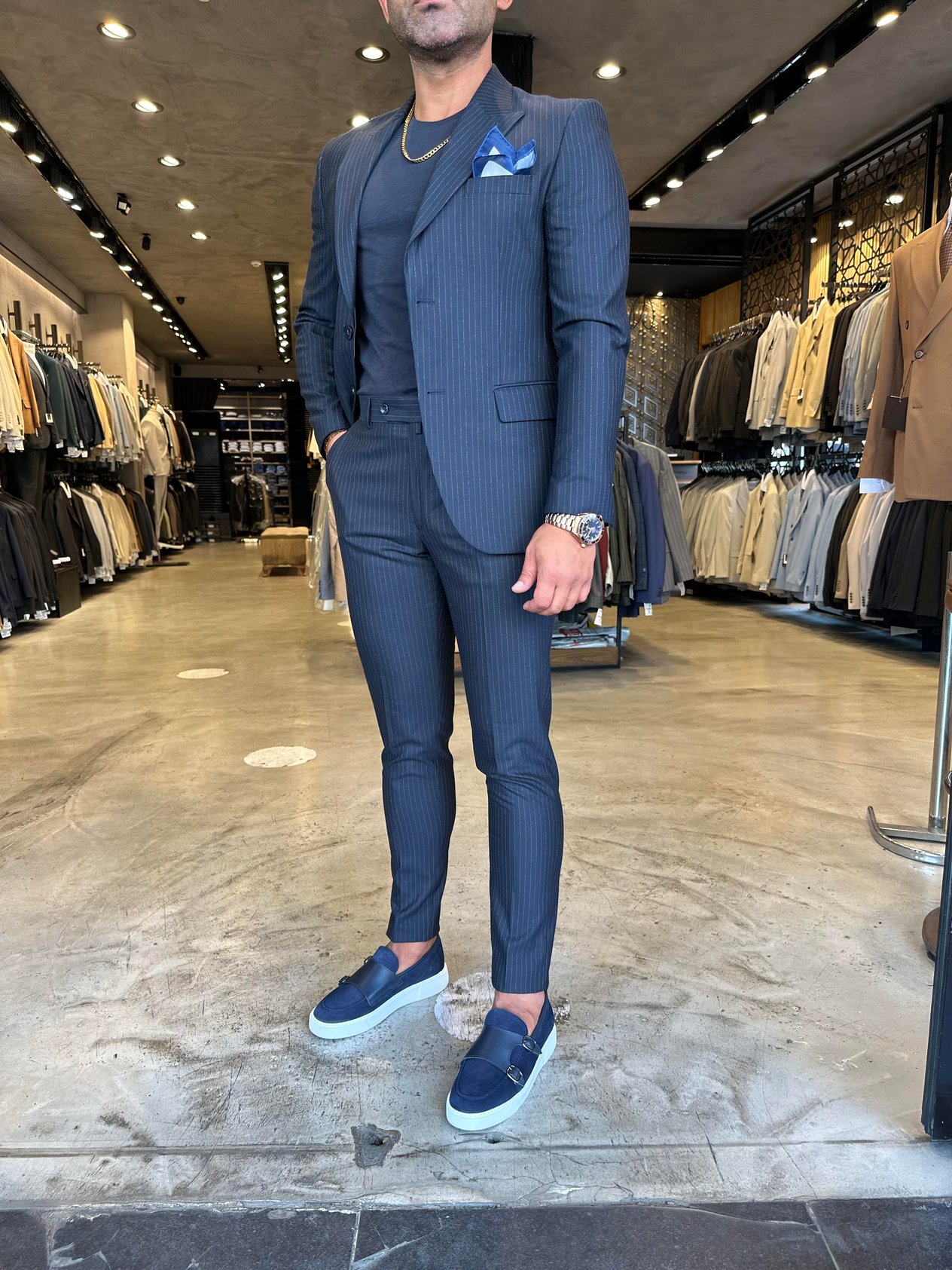 Lacivert İtalyan Tarz Slim Fit Pantolon Yelek Ceket Takım Elbise HT1020