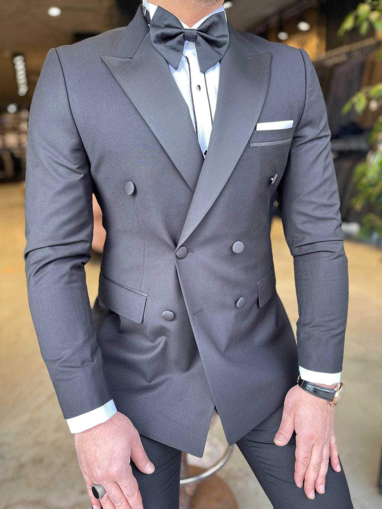Siyah Slim Fit Kruvaze Yaka Smokin HT1023