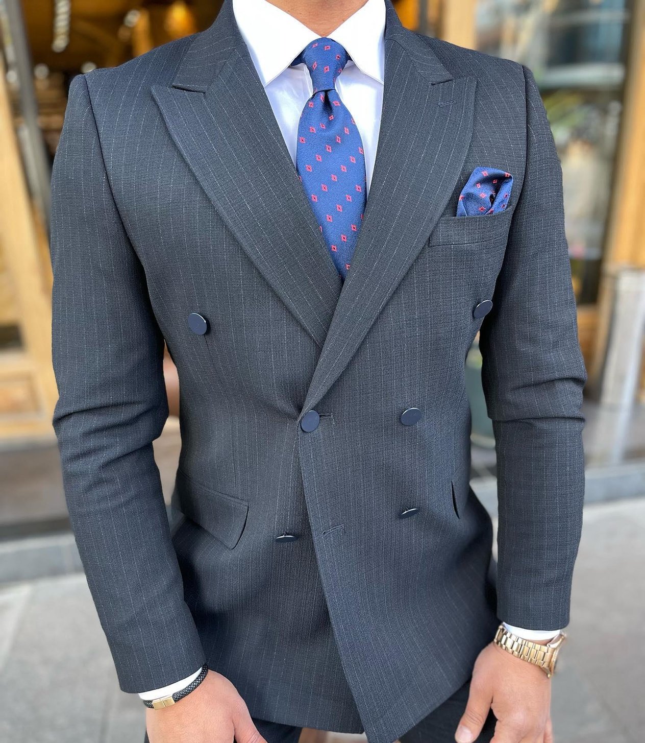 Slim Fit Kruvaze Yaka Çizgili Pantolon Ceket Takım Elbise HT7318-Lacivert