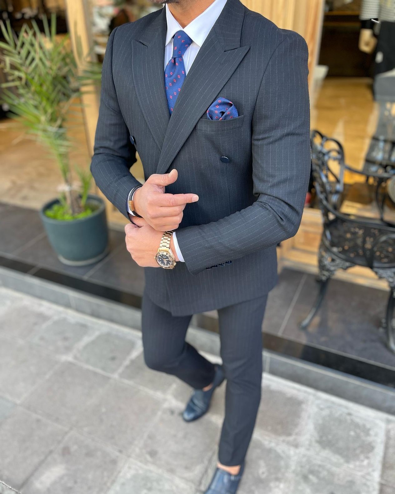 Slim Fit Kruvaze Yaka Çizgili Pantolon Ceket Takım Elbise HT7318-Lacivert