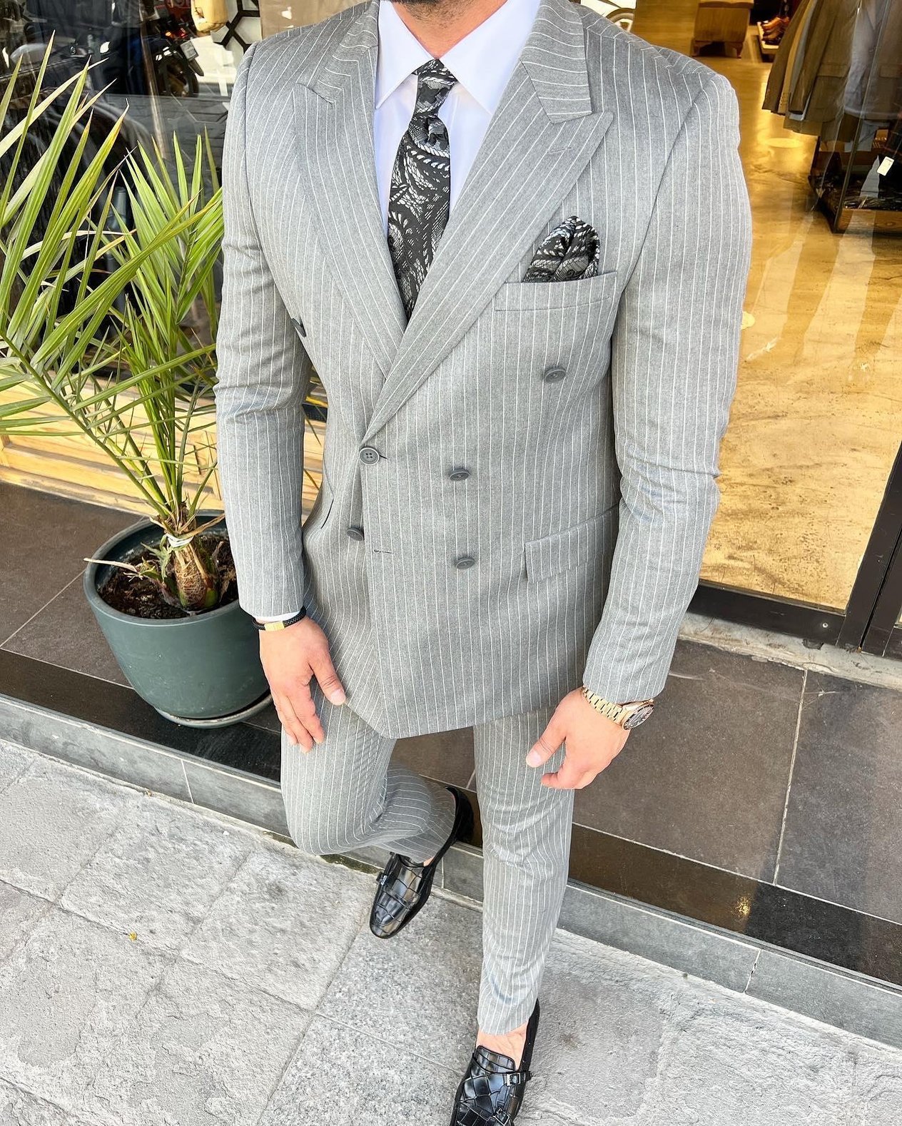 Slim Fit Kruvaze Yaka Pantolon Ceket Çizgili Takım Elbise HT1030-GRİ