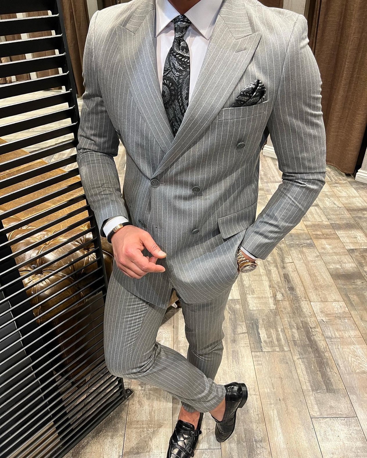 Slim Fit Kruvaze Yaka Pantolon Ceket Çizgili Takım Elbise HT1030-GRİ