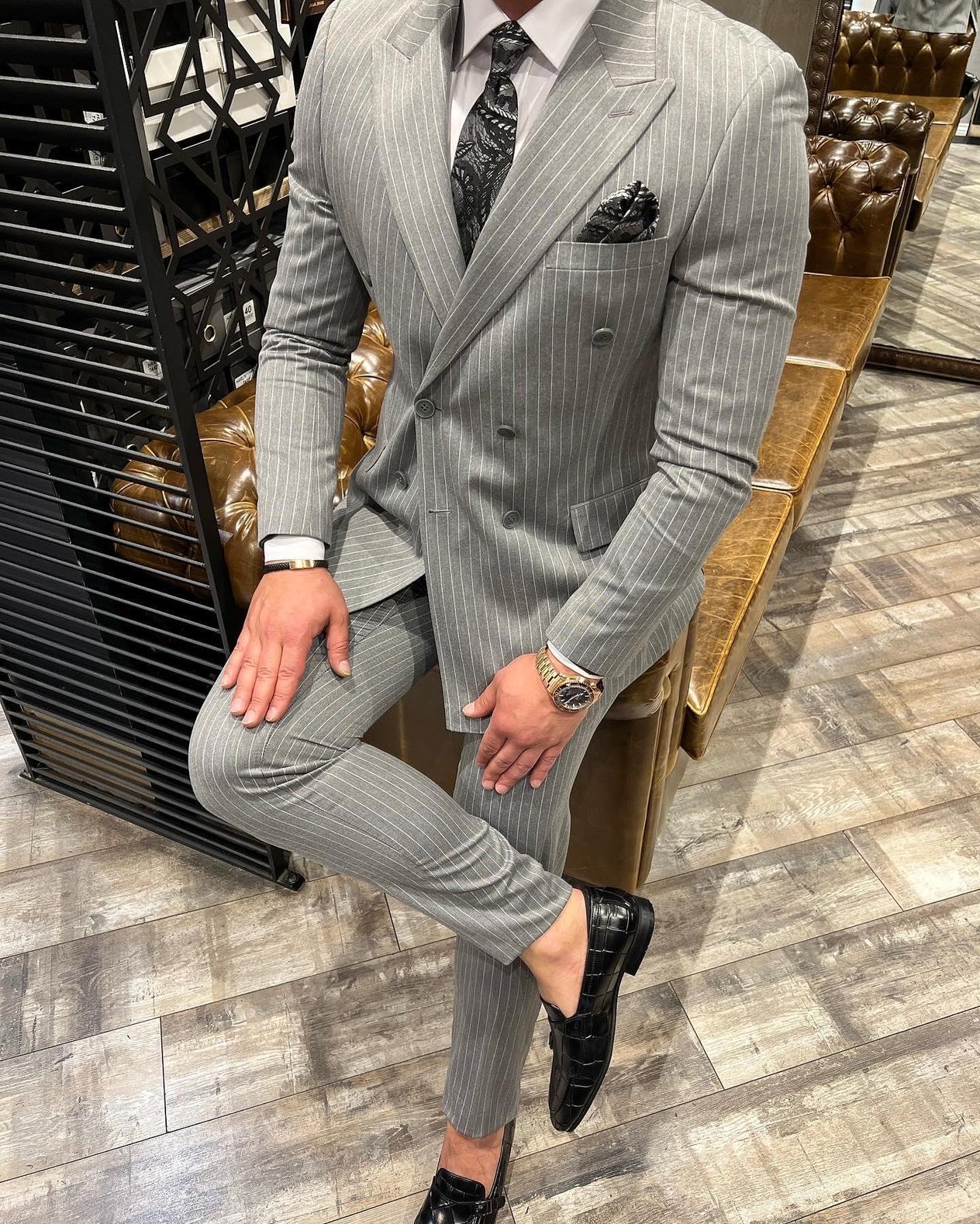 Slim Fit Kruvaze Yaka Pantolon Ceket Çizgili Takım Elbise HT1030-GRİ