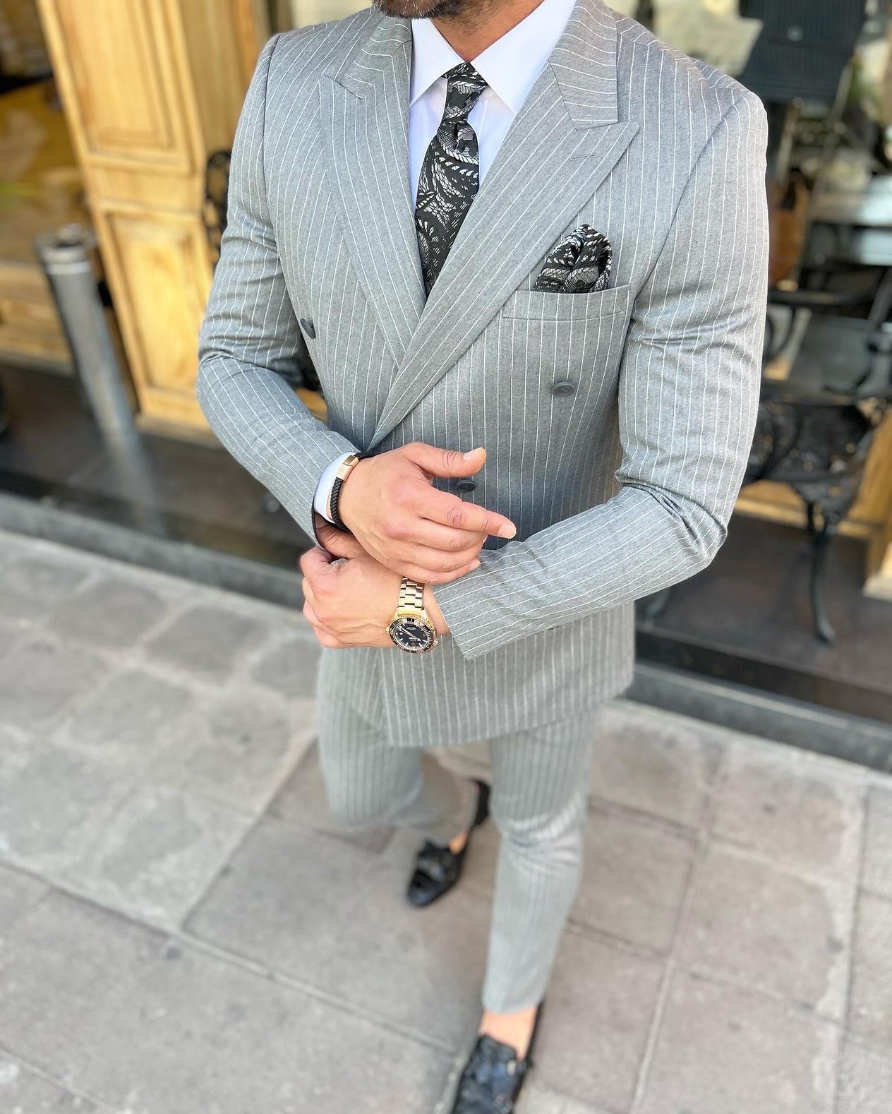 Slim Fit Kruvaze Yaka Pantolon Ceket Çizgili Takım Elbise HT1030-GRİ
