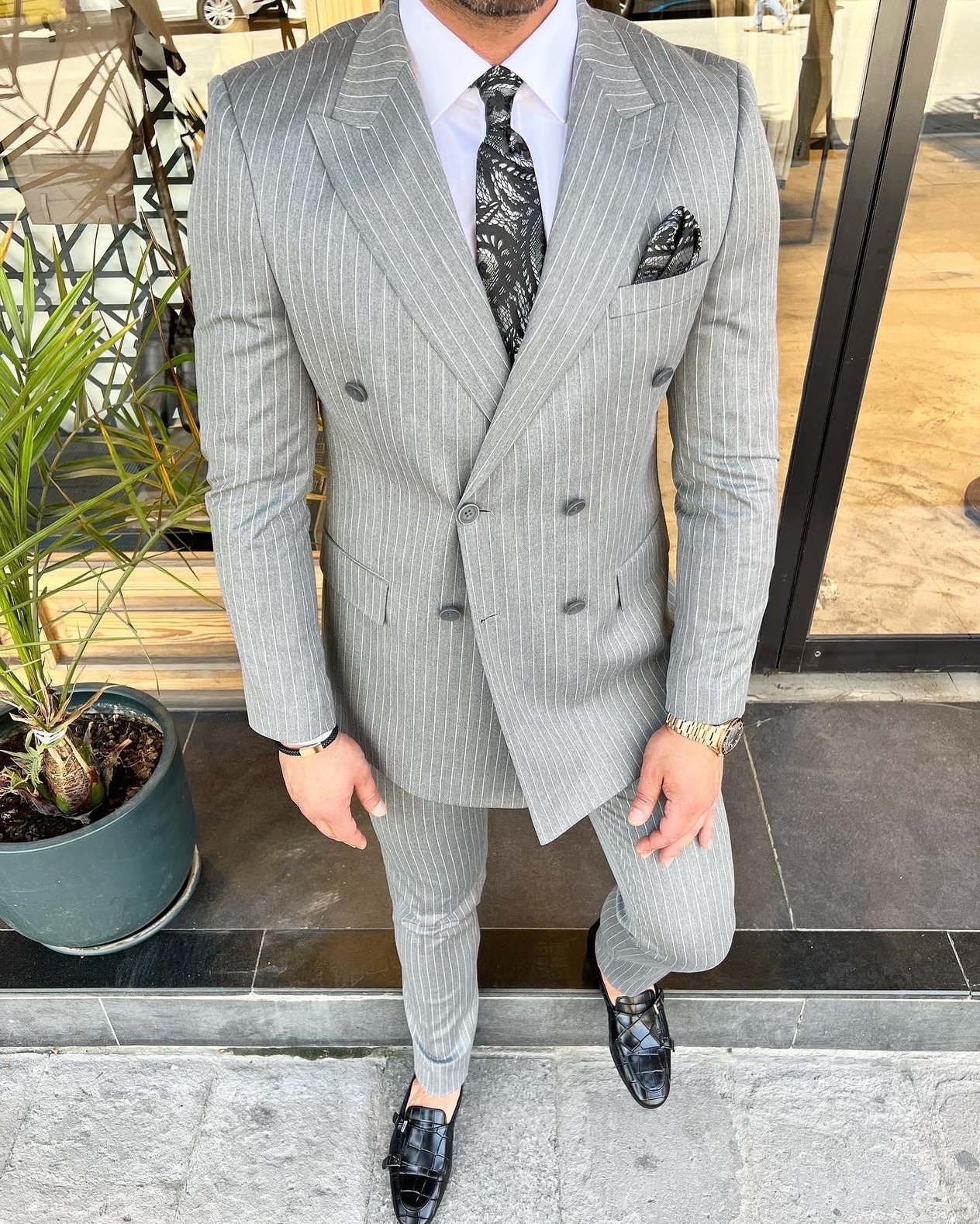 Slim Fit Kruvaze Yaka Pantolon Ceket Çizgili Takım Elbise HT1030-GRİ