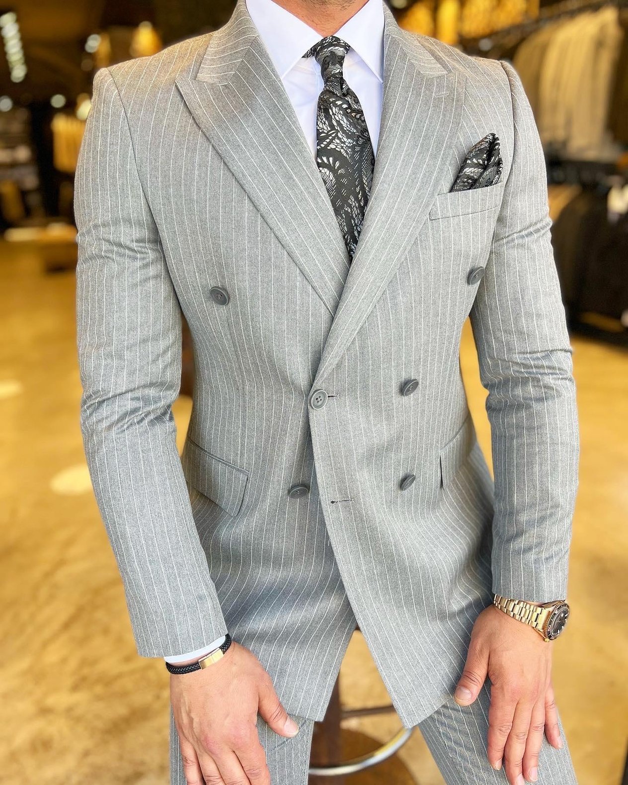 Slim Fit Kruvaze Yaka Pantolon Ceket Çizgili Takım Elbise HT1030-GRİ