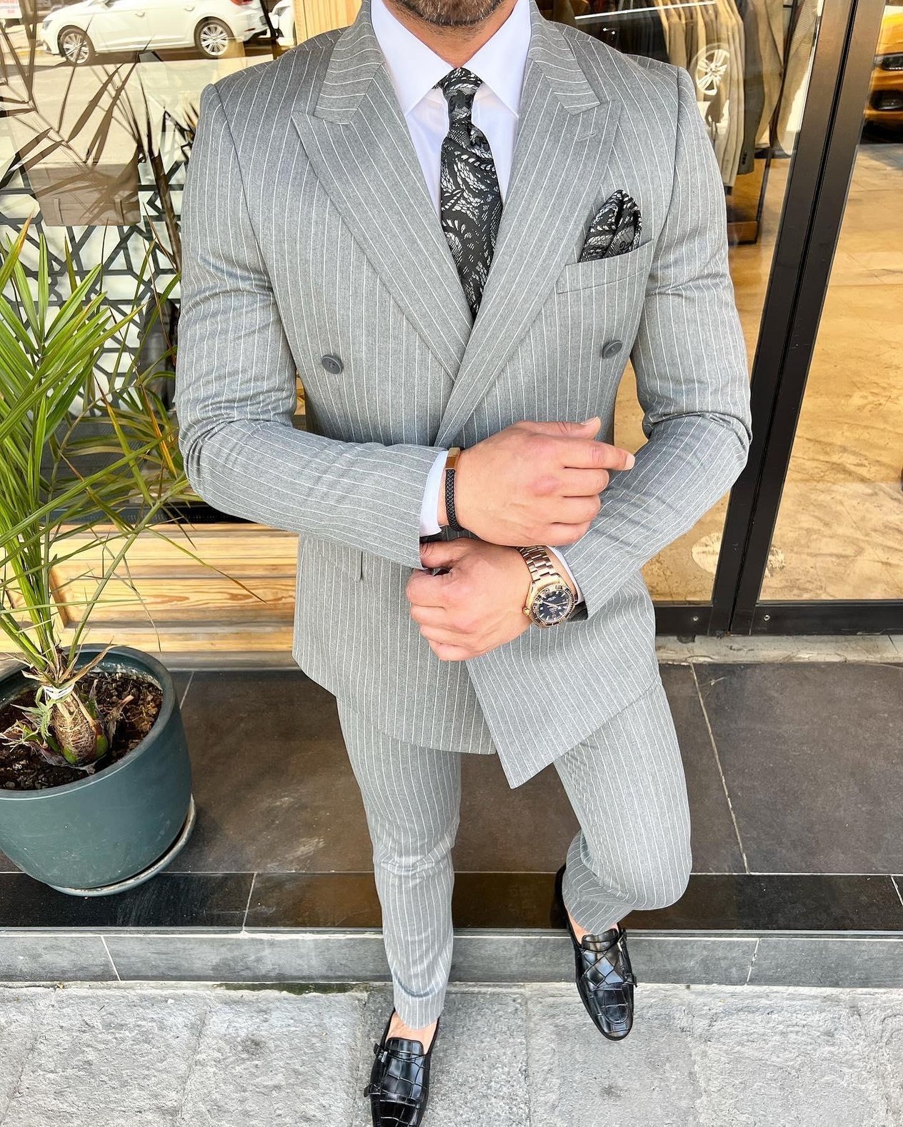 Slim Fit Kruvaze Yaka Pantolon Ceket Çizgili Takım Elbise HT1030-GRİ