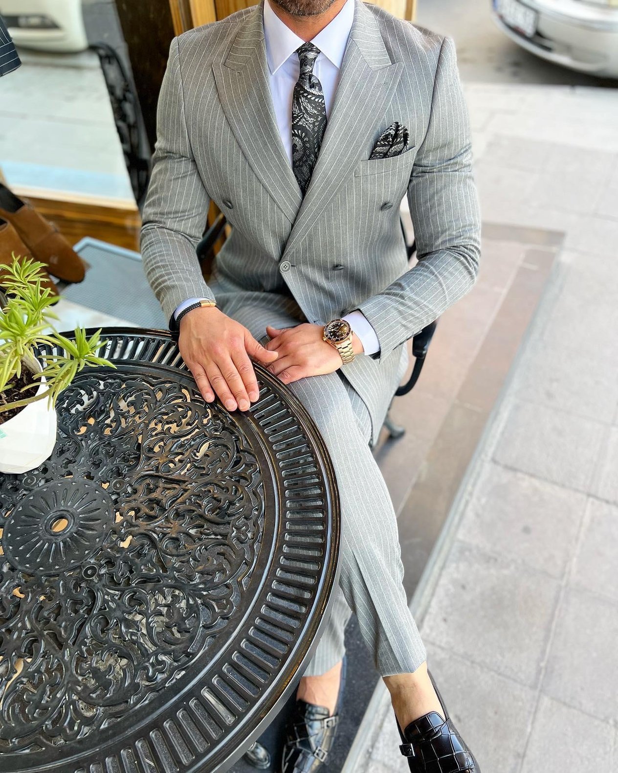 Slim Fit Kruvaze Yaka Pantolon Ceket Çizgili Takım Elbise HT1030-GRİ