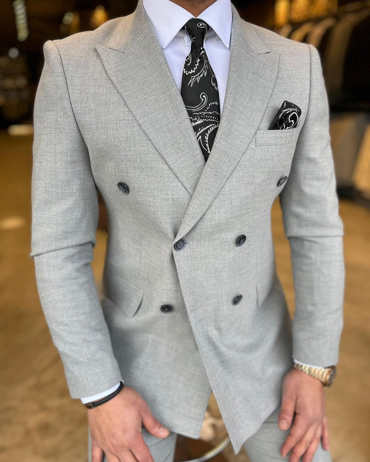 Slim Fit Kruvaze Yaka Pantolon Ceket Takım Elbise HT1027-GRİ