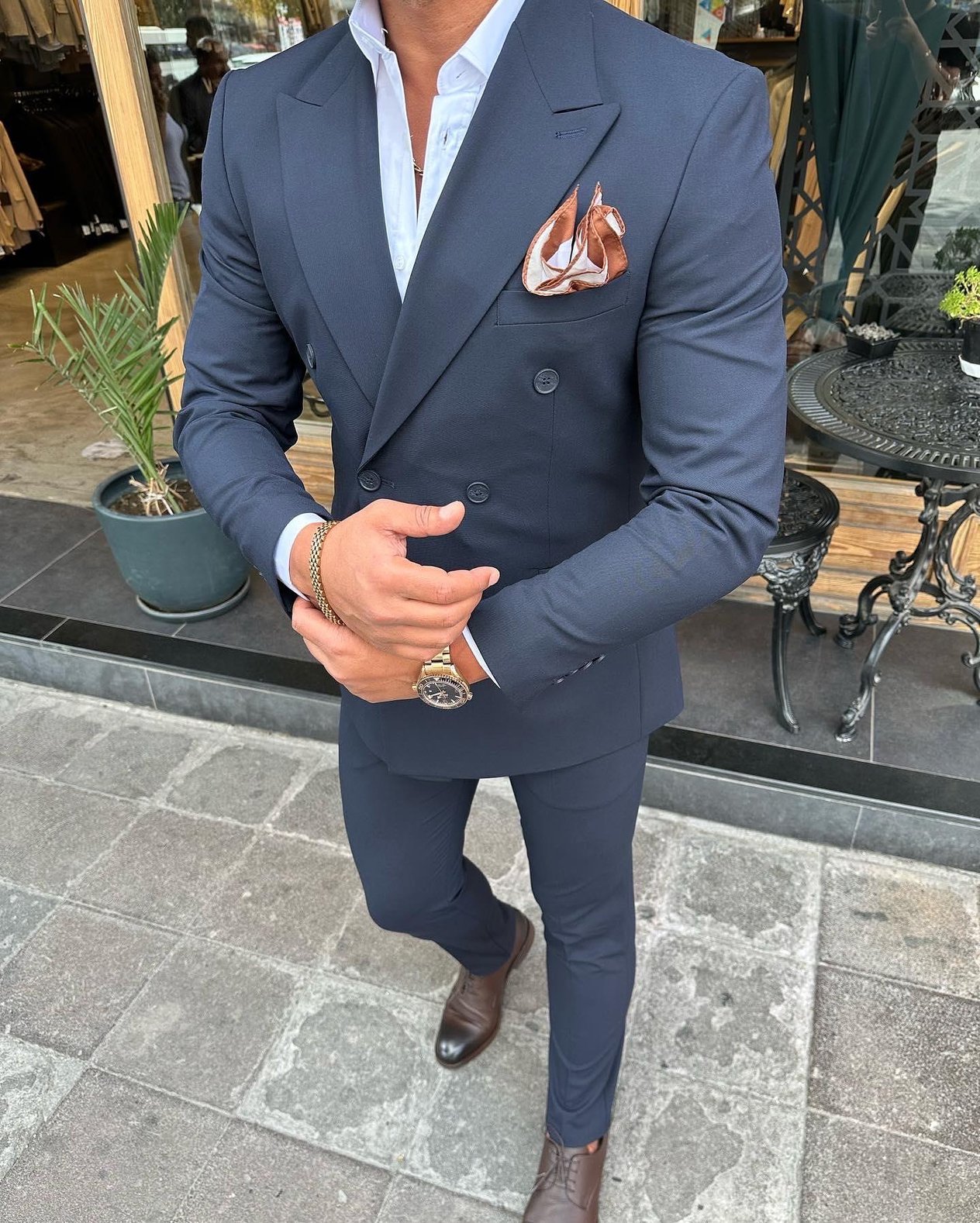 Slim Fit Kruvaze Yaka Pantolon Ceket Takım Elbise HT1028-LACİVERT