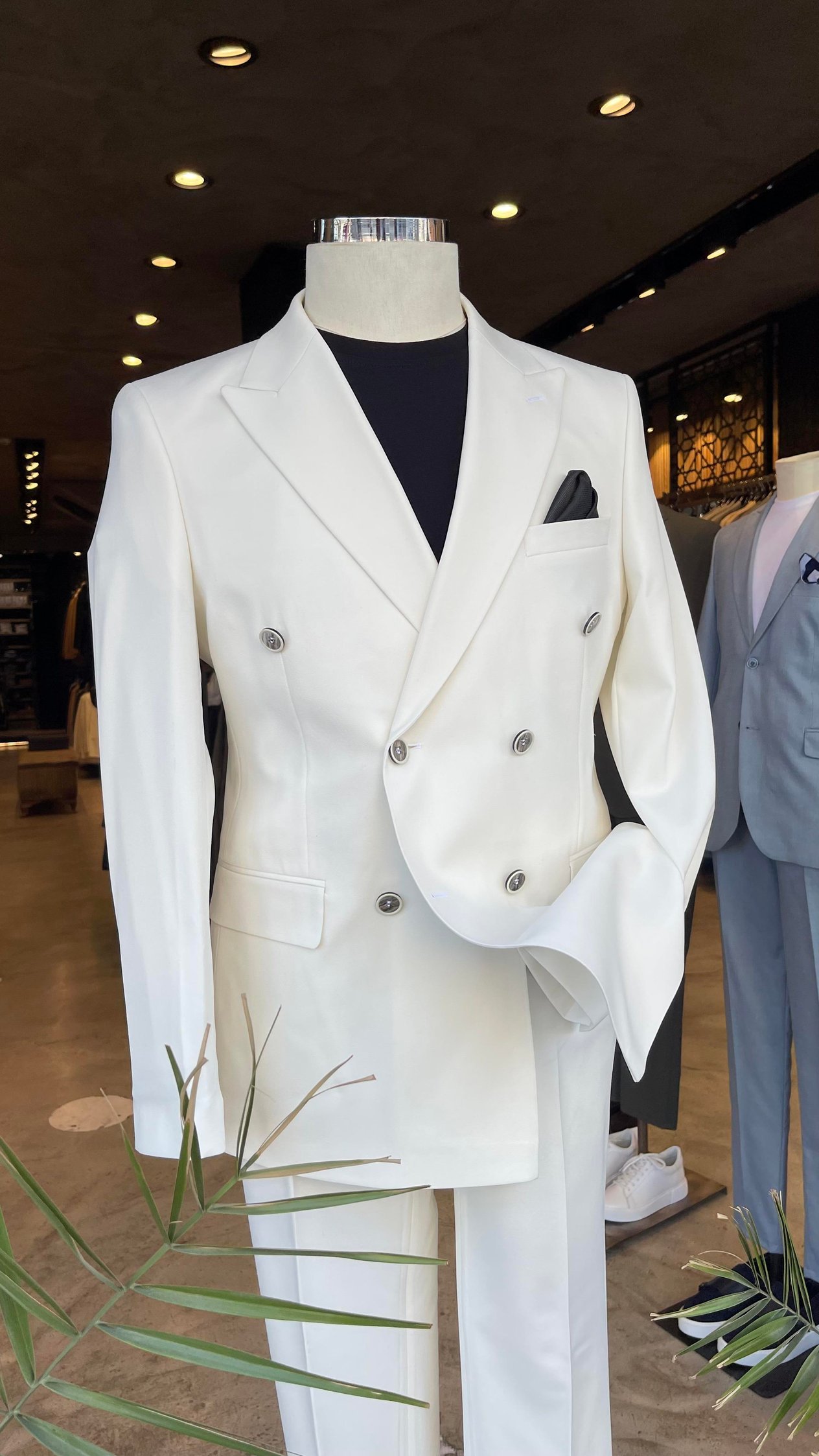 Slim Fit Kruvaze Yaka Pantolon Ceket Takım Elbise HT7322 Beyaz