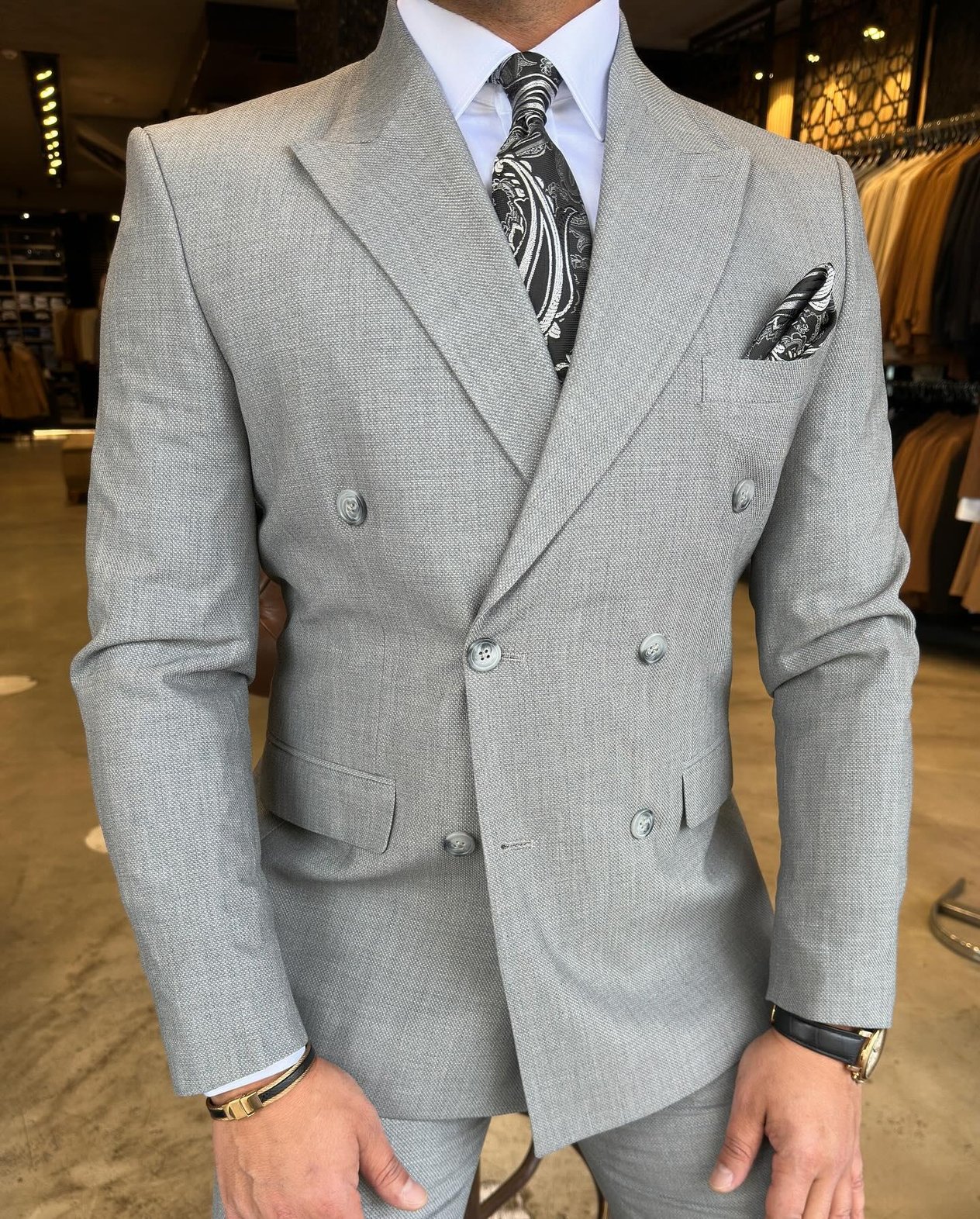 Slim Fit Kruvaze Yaka Pantolon Ceket Takım Elbise HT1027-KOYU GRİ