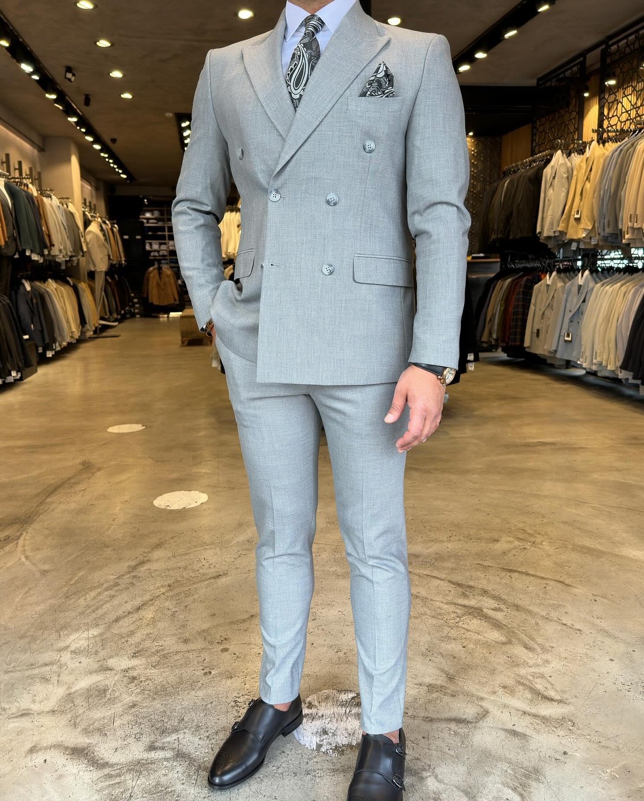 Slim Fit Kruvaze Yaka Pantolon Ceket Takım Elbise HT1027-KOYU GRİ