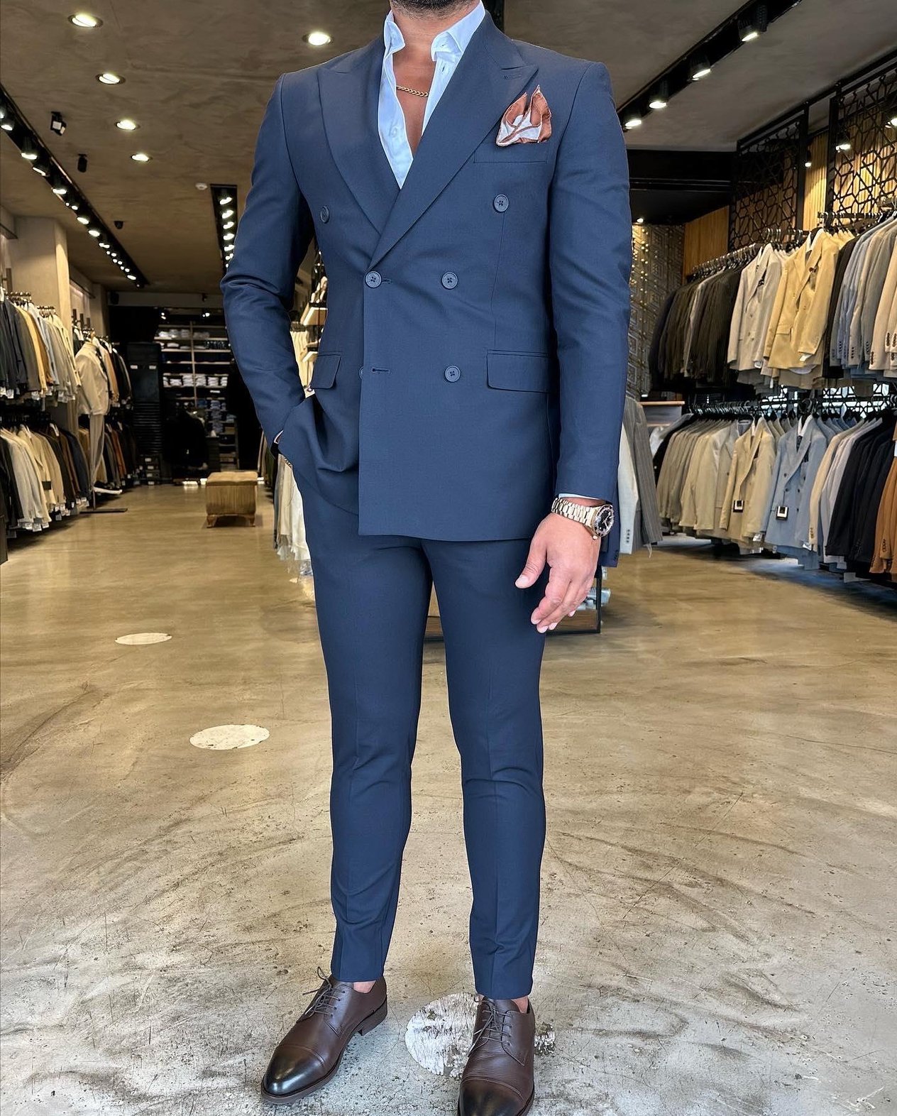 Slim Fit Kruvaze Yaka Pantolon Ceket Takım Elbise HT1028-LACİVERT