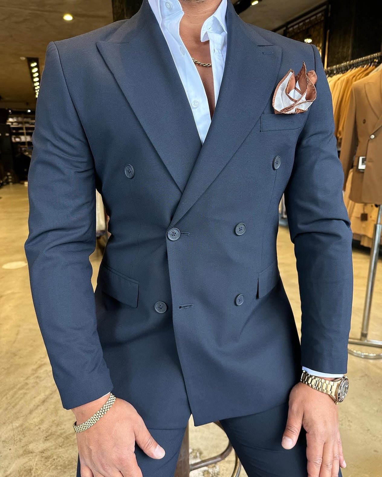 Slim Fit Kruvaze Yaka Pantolon Ceket Takım Elbise HT1028-LACİVERT