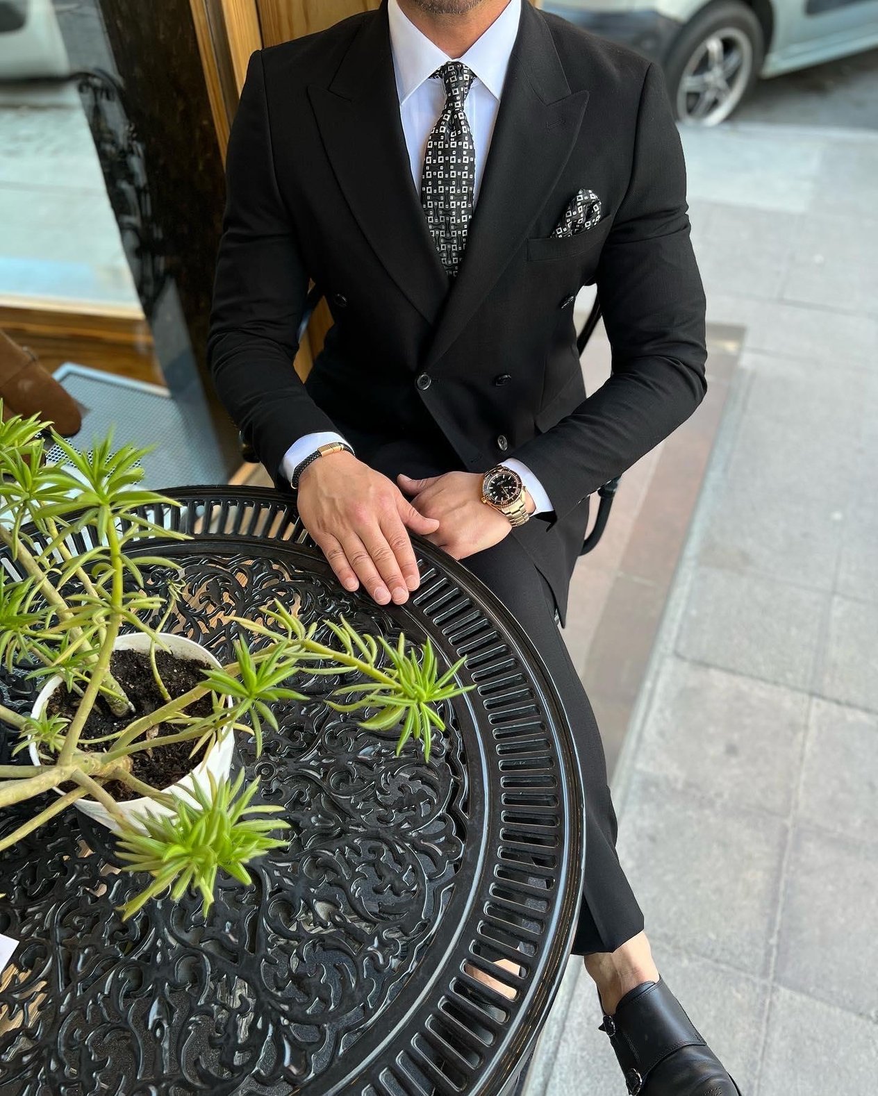 Slim Fit Kruvaze Yaka Pantolon Ceket Takım Elbise HT7381-Siyah