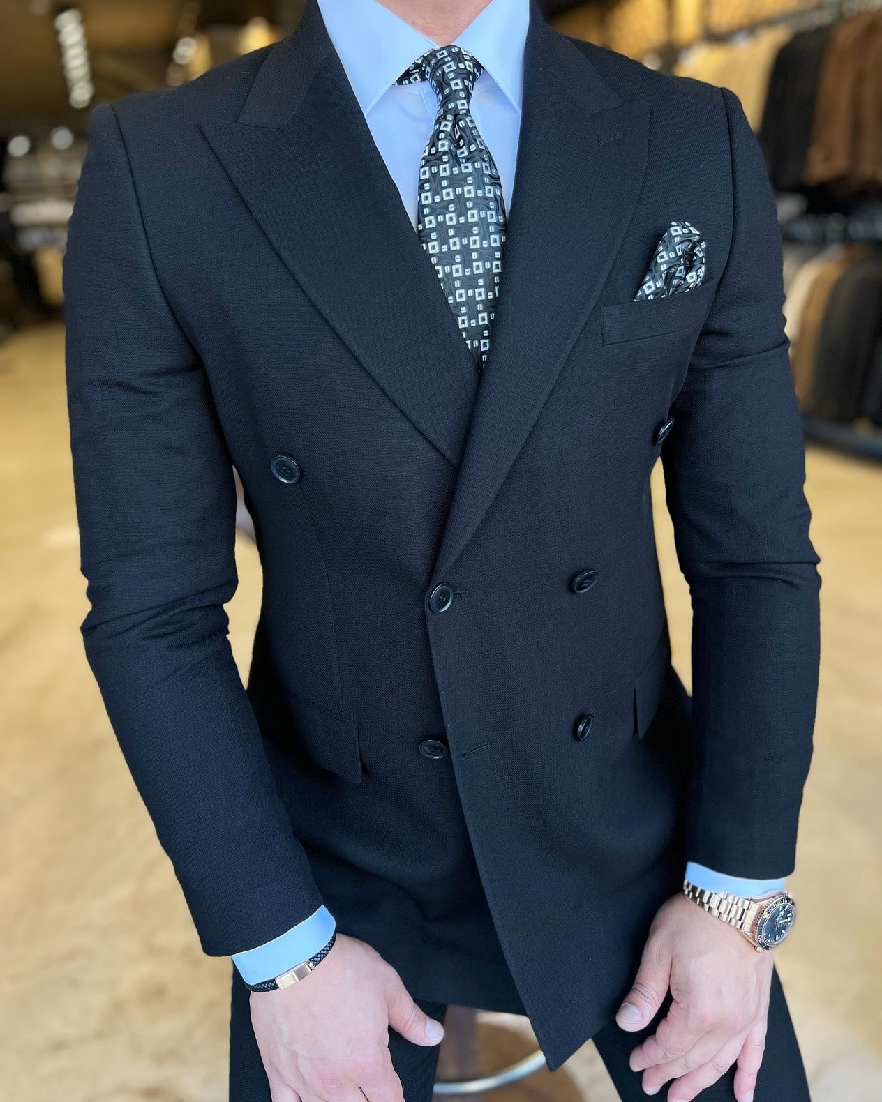 Slim Fit Kruvaze Yaka Pantolon Ceket Takım Elbise HT7381-Siyah