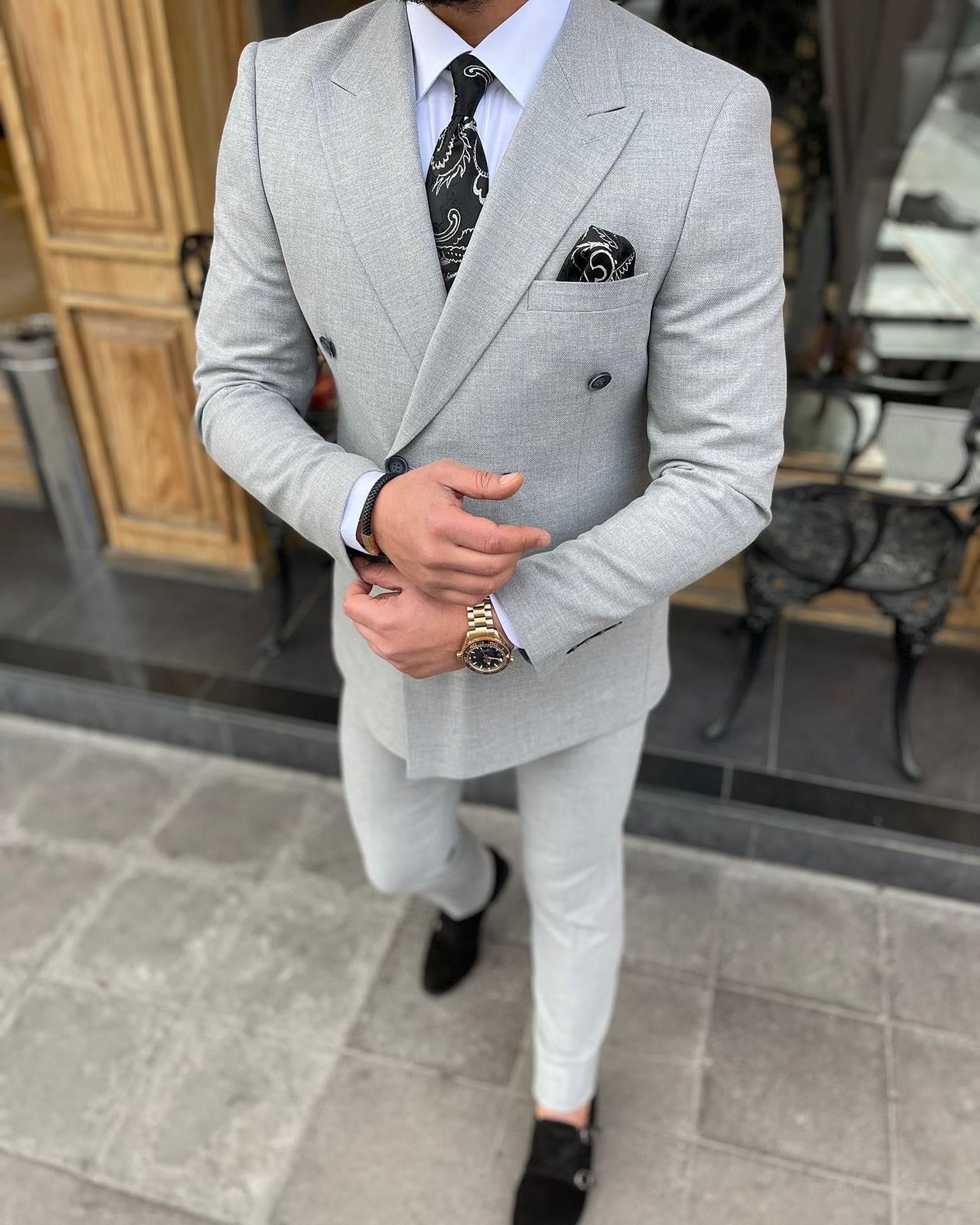 Slim Fit Kruvaze Yaka Pantolon Ceket Takım Elbise HT1027-GRİ