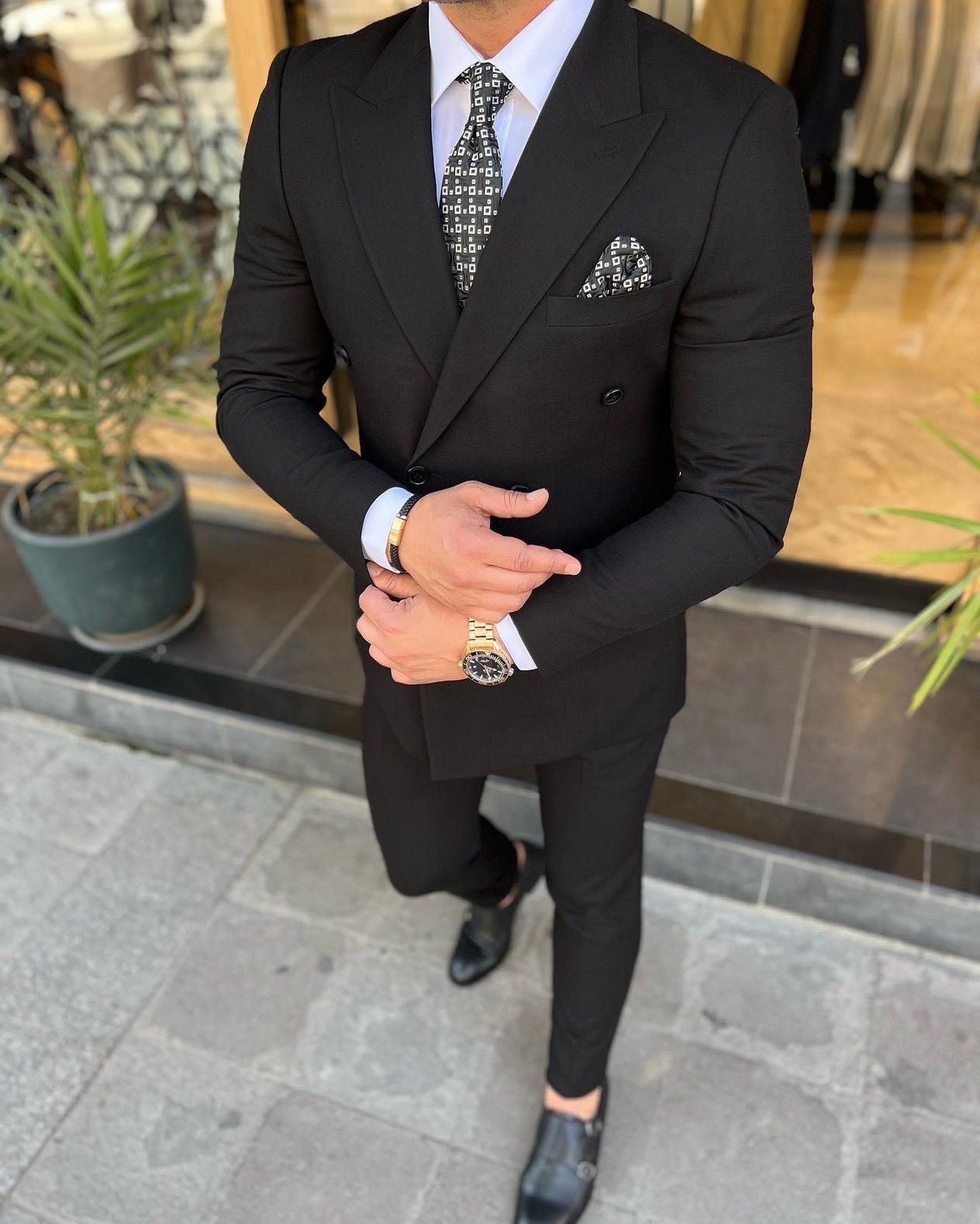 Slim Fit Kruvaze Yaka Pantolon Ceket Takım Elbise HT7381-Siyah