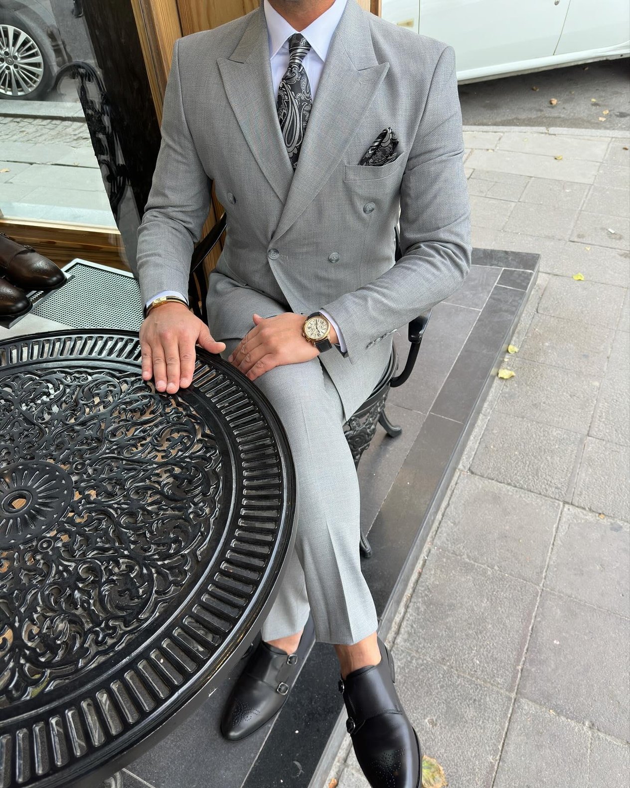 Slim Fit Kruvaze Yaka Pantolon Ceket Takım Elbise HT1027-KOYU GRİ