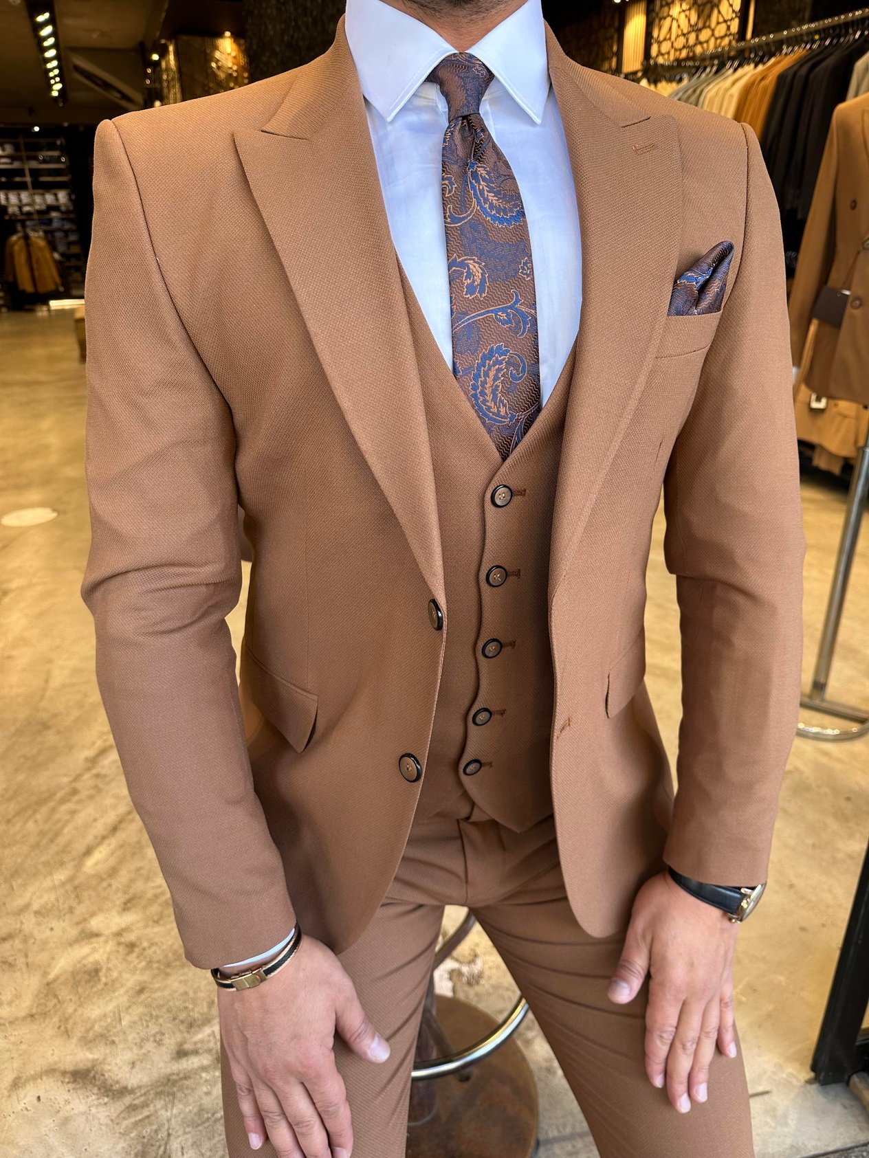 Taba Slim Fit Yelekli Takım Elbise HT1016