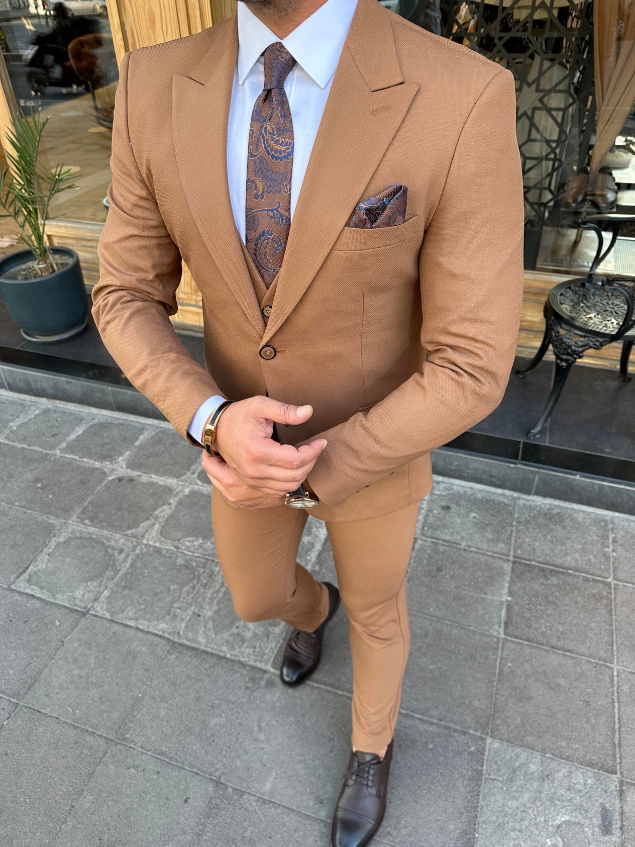 Taba Slim Fit Yelekli Takım Elbise HT1016