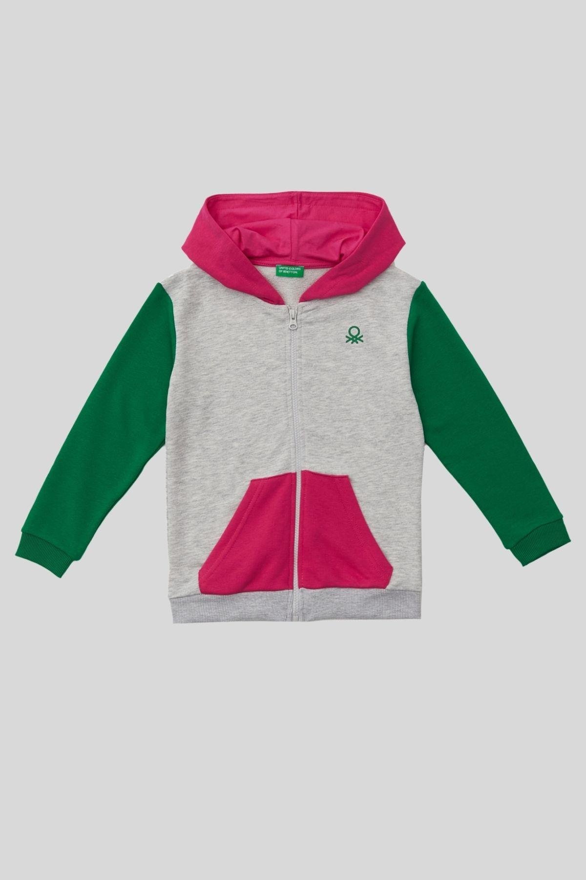 4-14 yaş Benetton Kapüşonlu Renkli Kız Çocuk Sweat Ceket