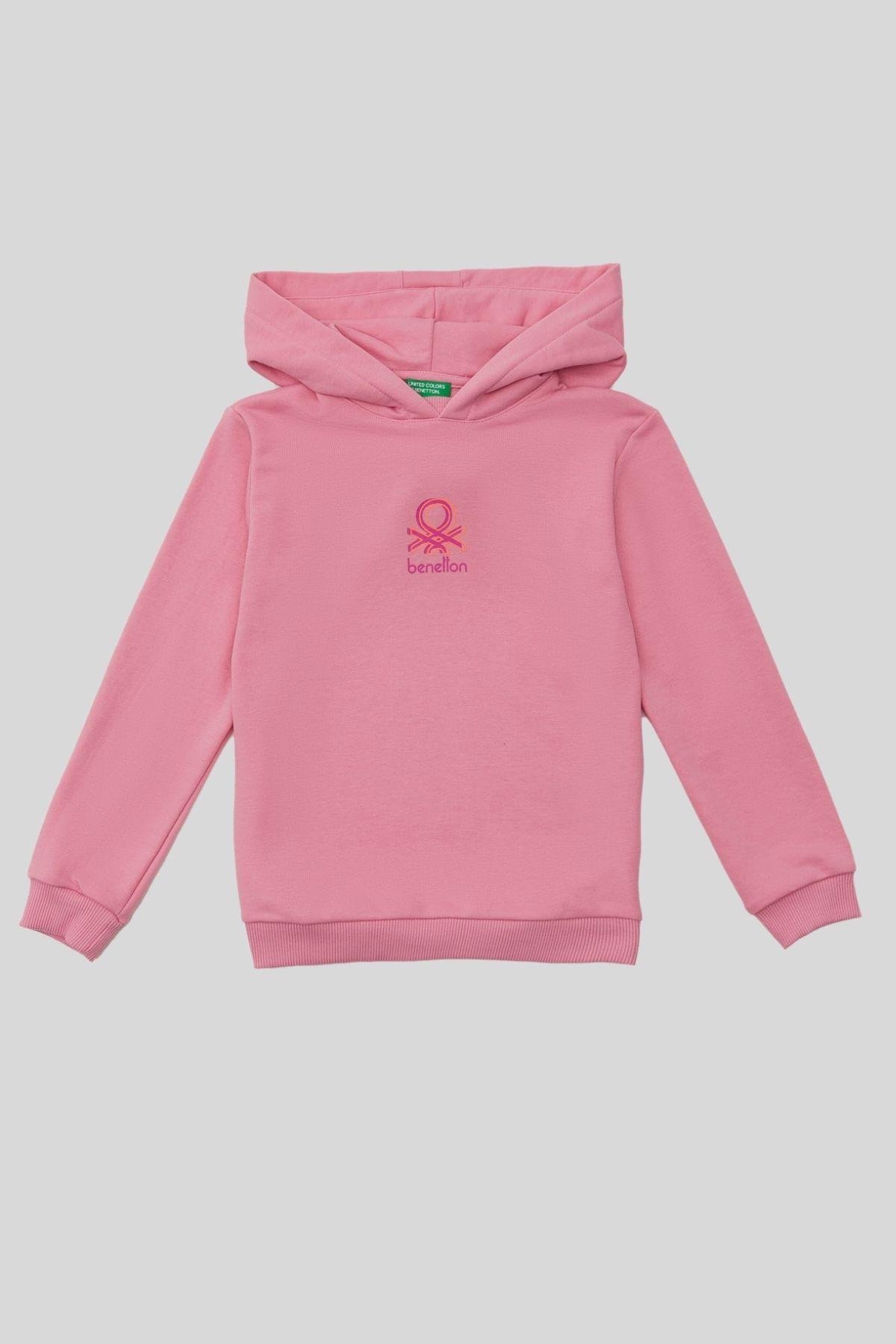 4-14 Yaş Benetton Kapüşonlu Uzun Kol Kız Çocuk Sweat Pembe