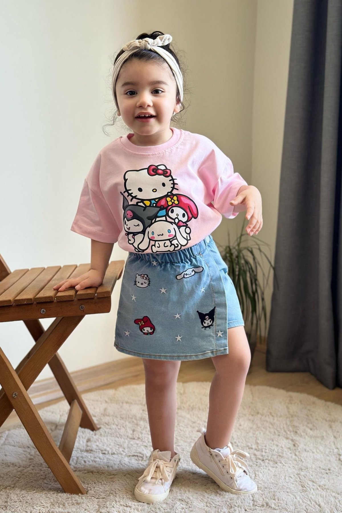 3-10 Yaş Kot Şort Etekli Kuromi Hello Kitty Takım Pembe
