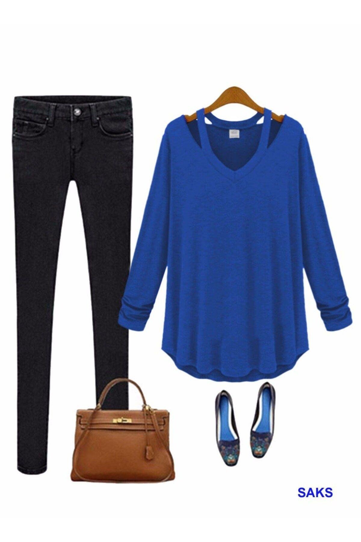 10269-V Yaka Japon Style Saks Mavisi Bluz-1