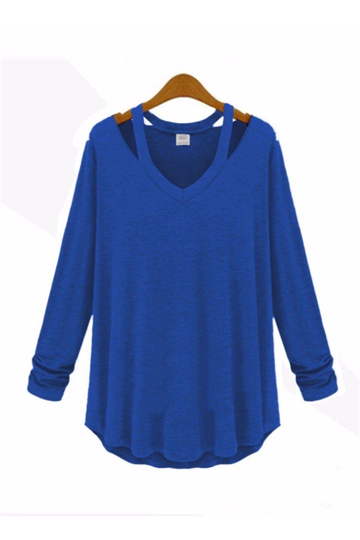 10269-V Yaka Japon Style Saks Mavisi Bluz-1
