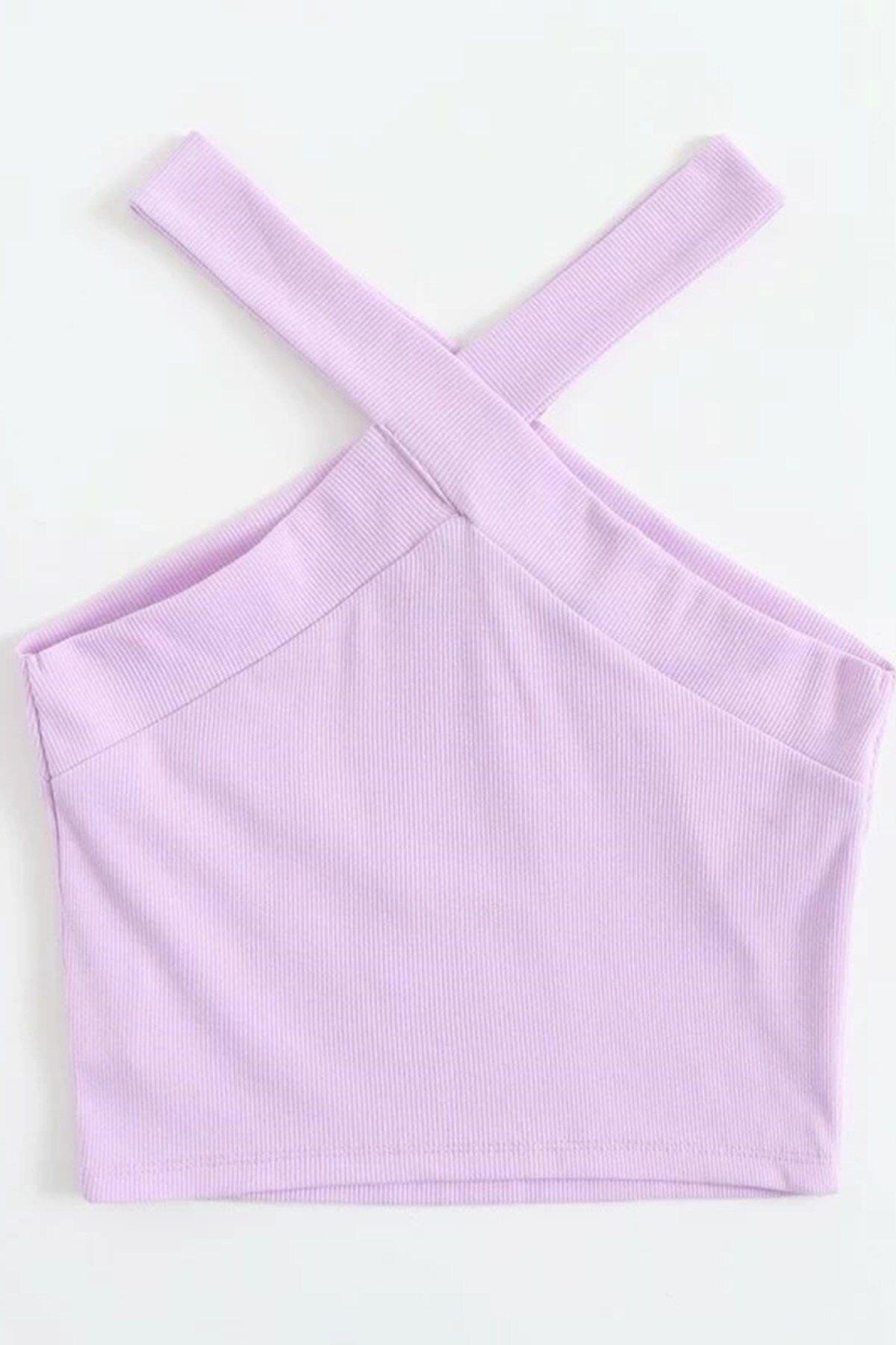 1452 Çapraz Askılı Fitilli Lila Crop Bluz