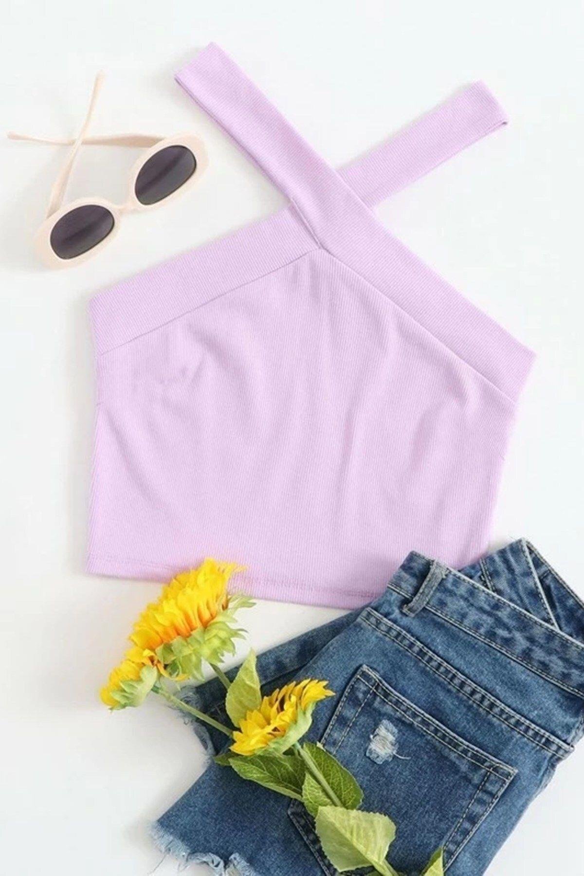1452 Çapraz Askılı Fitilli Lila Crop Bluz